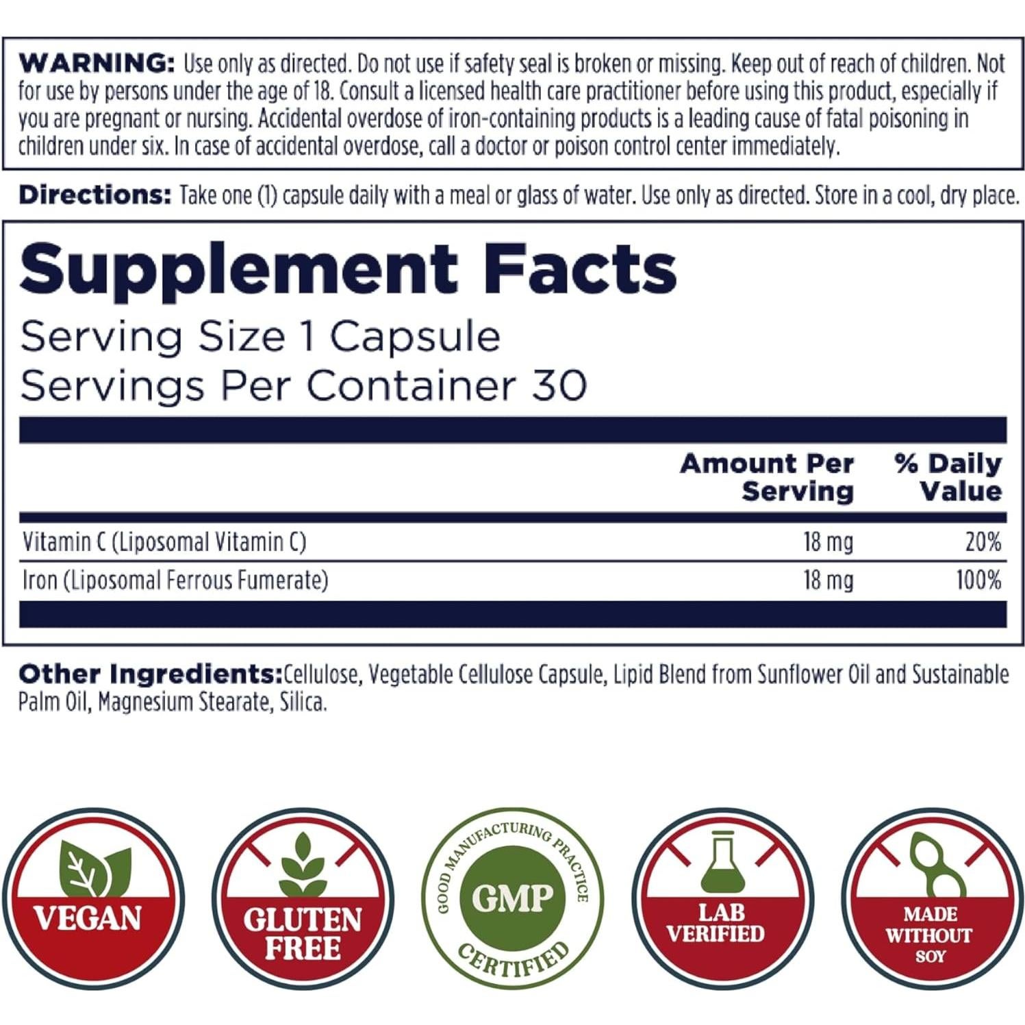 Suplemento de Hierro Liposomal KAL con Vitamina C 30 VegCaps