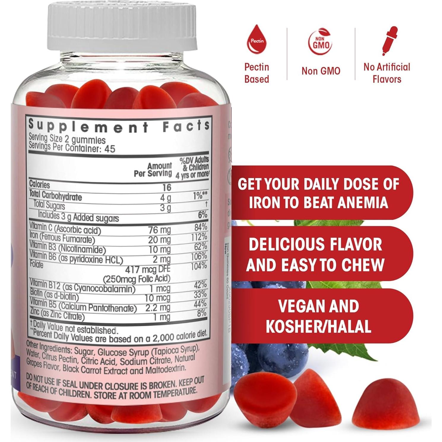 Gomitas de Hierro MG 20 mg con Vitamina C y Zinc - 90 Ct