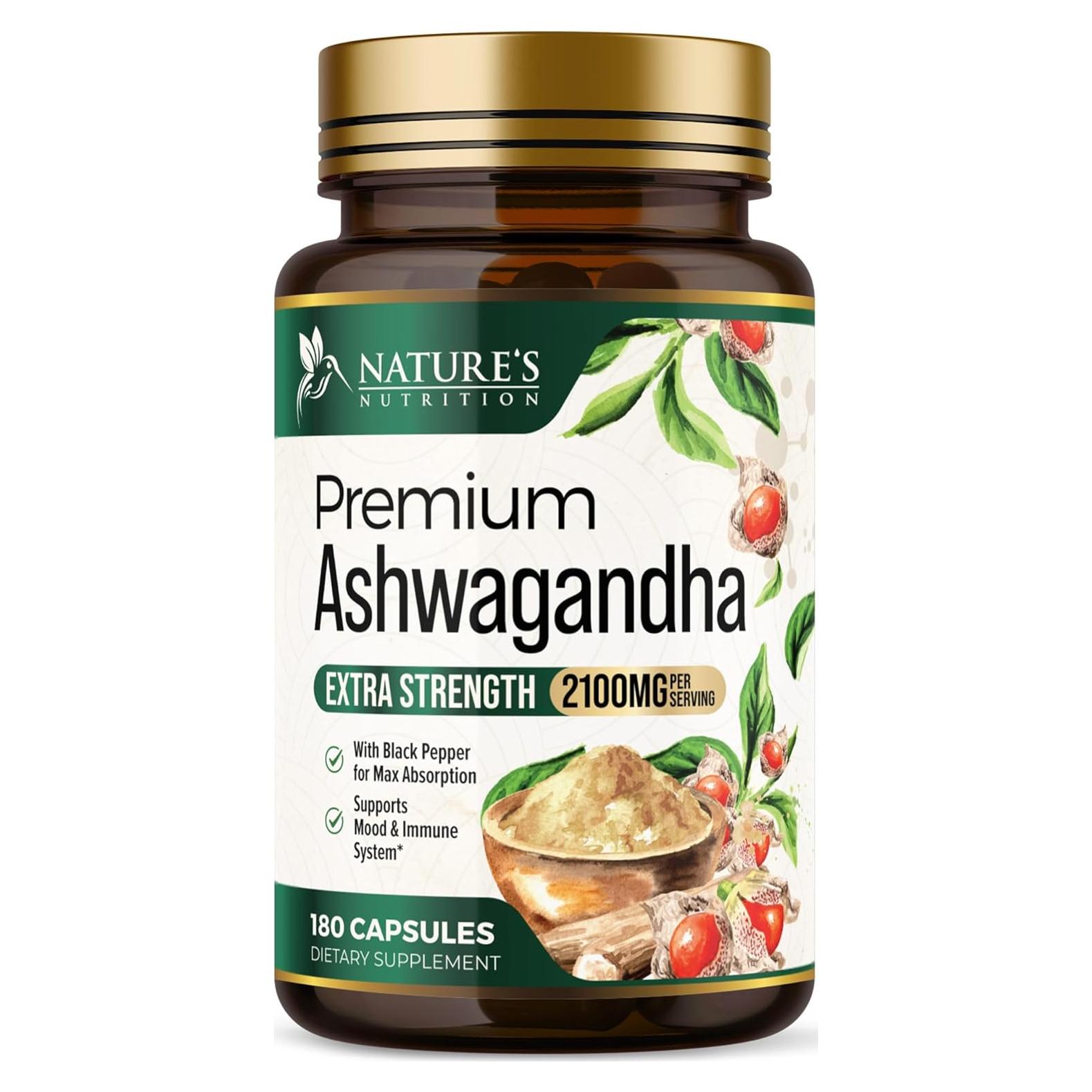 Suplemento de Ashwagandha Nature's Nutrition 2100mg 180 Cápsulas