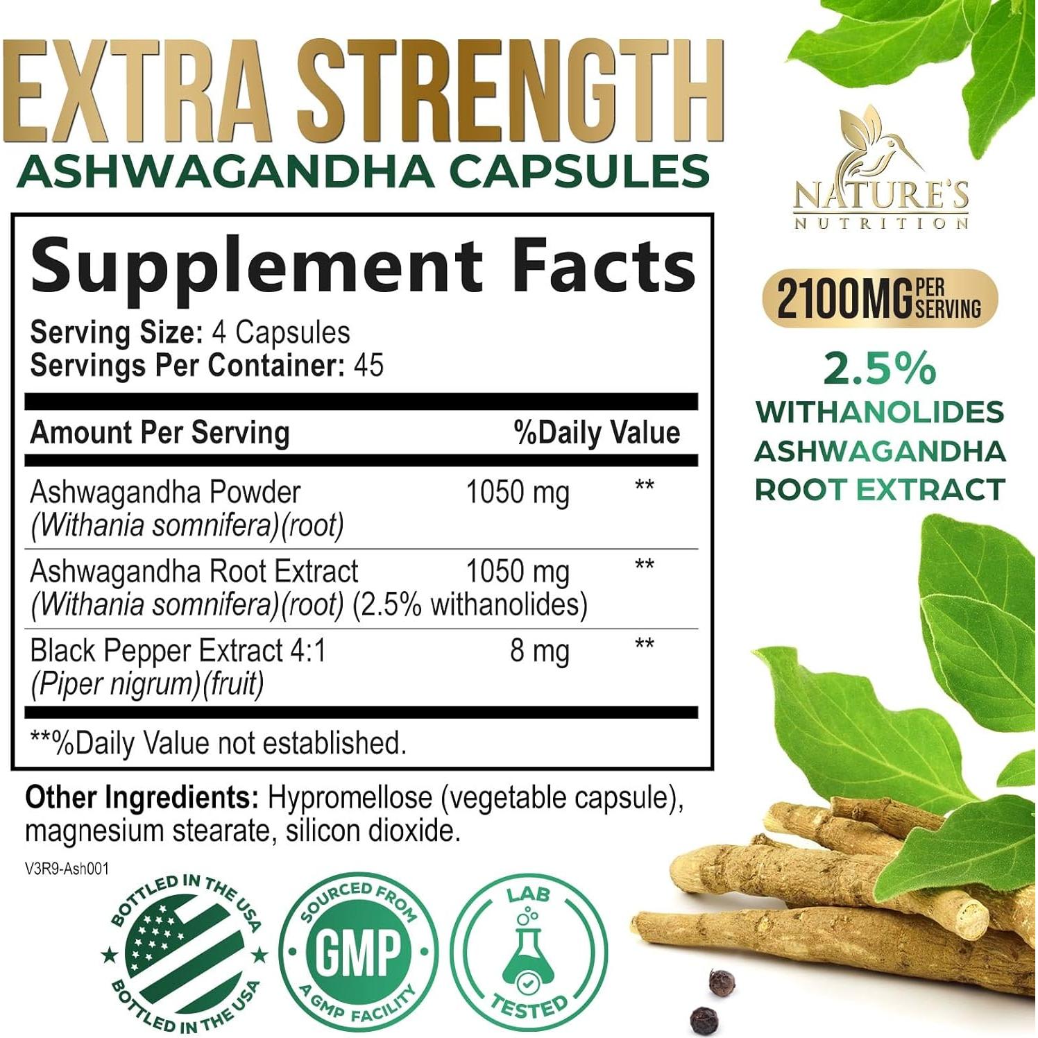 Suplemento de Ashwagandha Nature's Nutrition 2100mg 180 Cápsulas