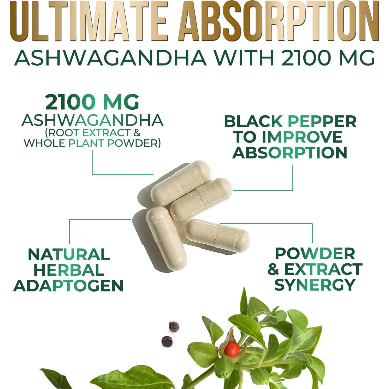 Suplemento de Ashwagandha Nature's Nutrition 2100mg 180 Cápsulas