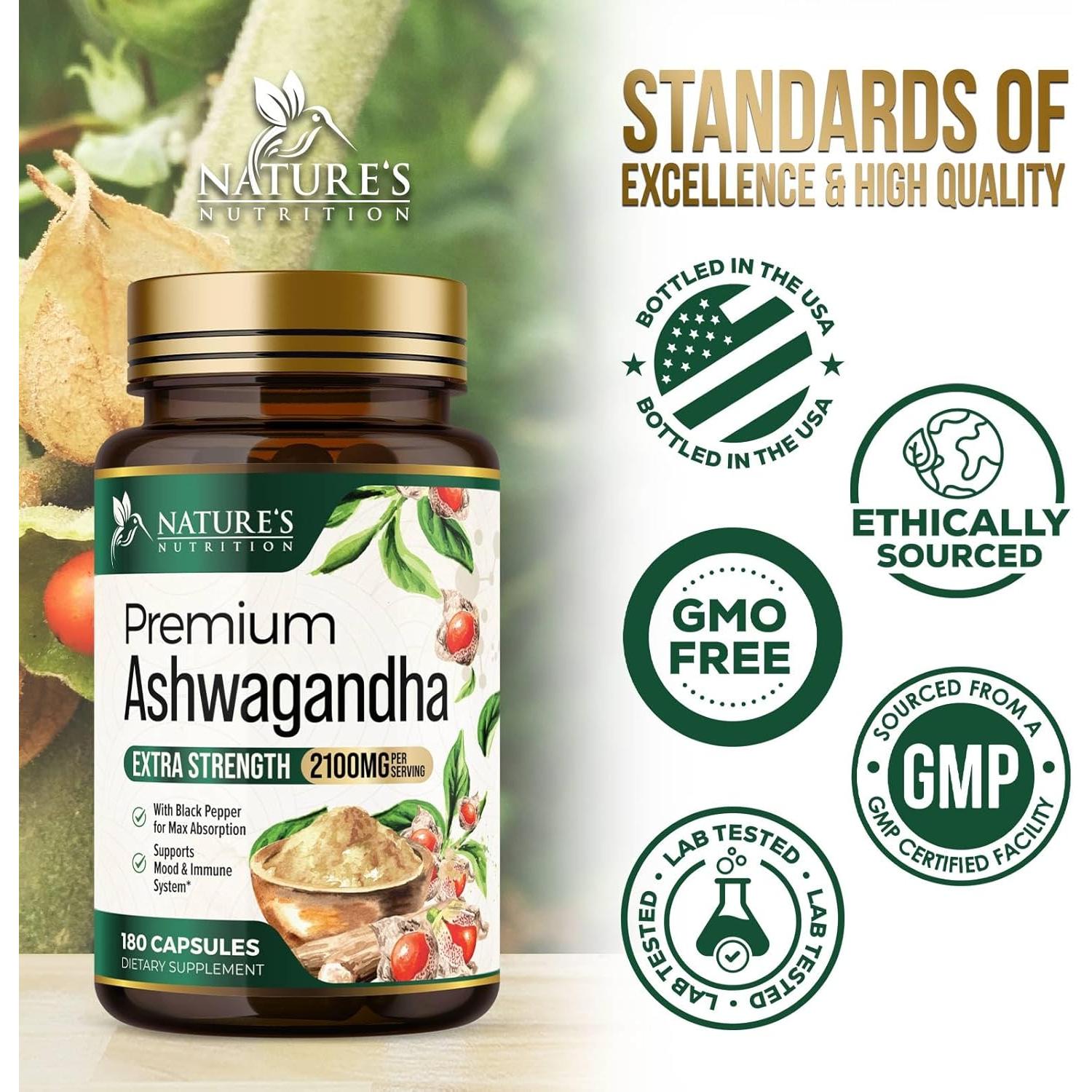 Suplemento de Ashwagandha Nature's Nutrition 2100mg 180 Cápsulas