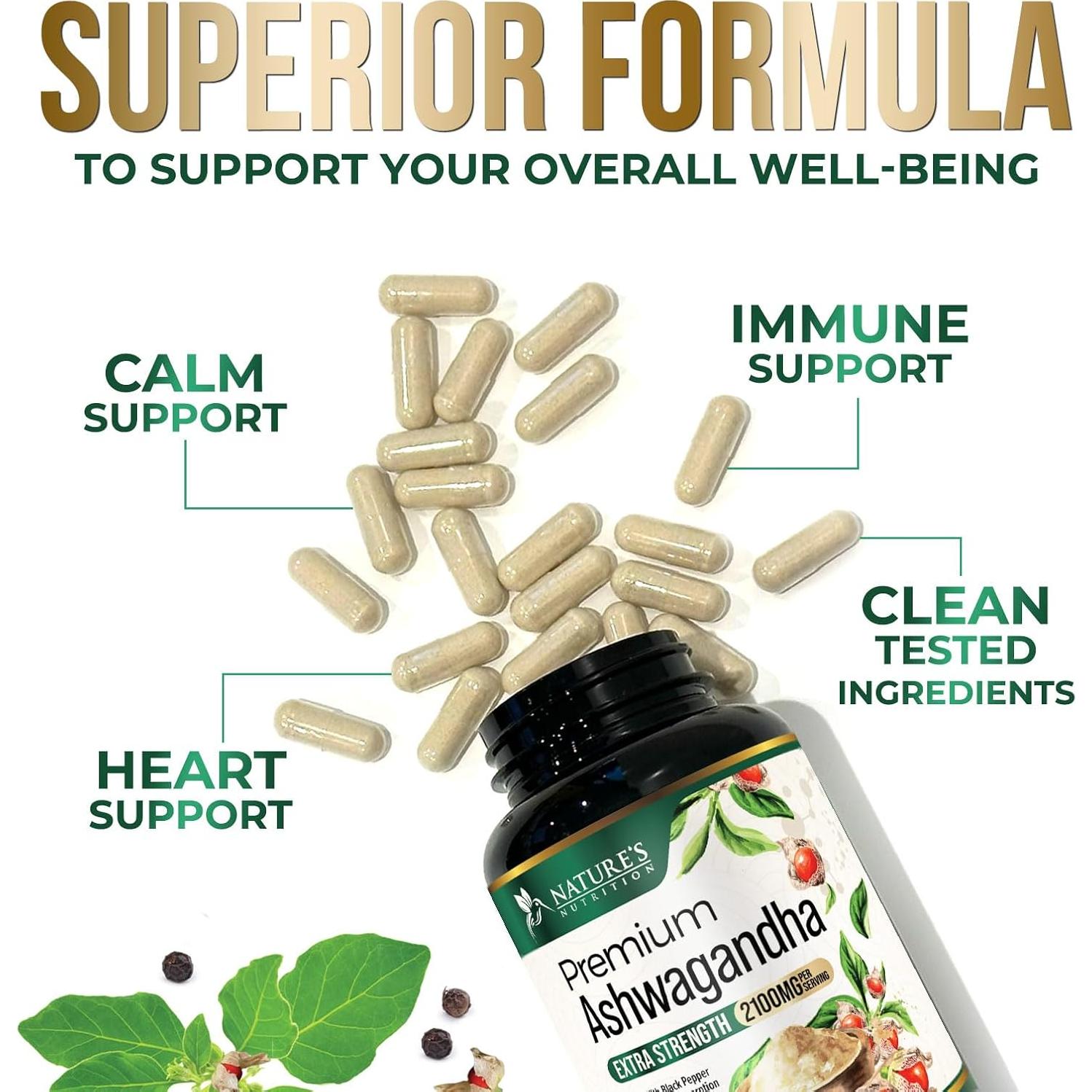 Suplemento de Ashwagandha Nature's Nutrition 2100mg 180 Cápsulas