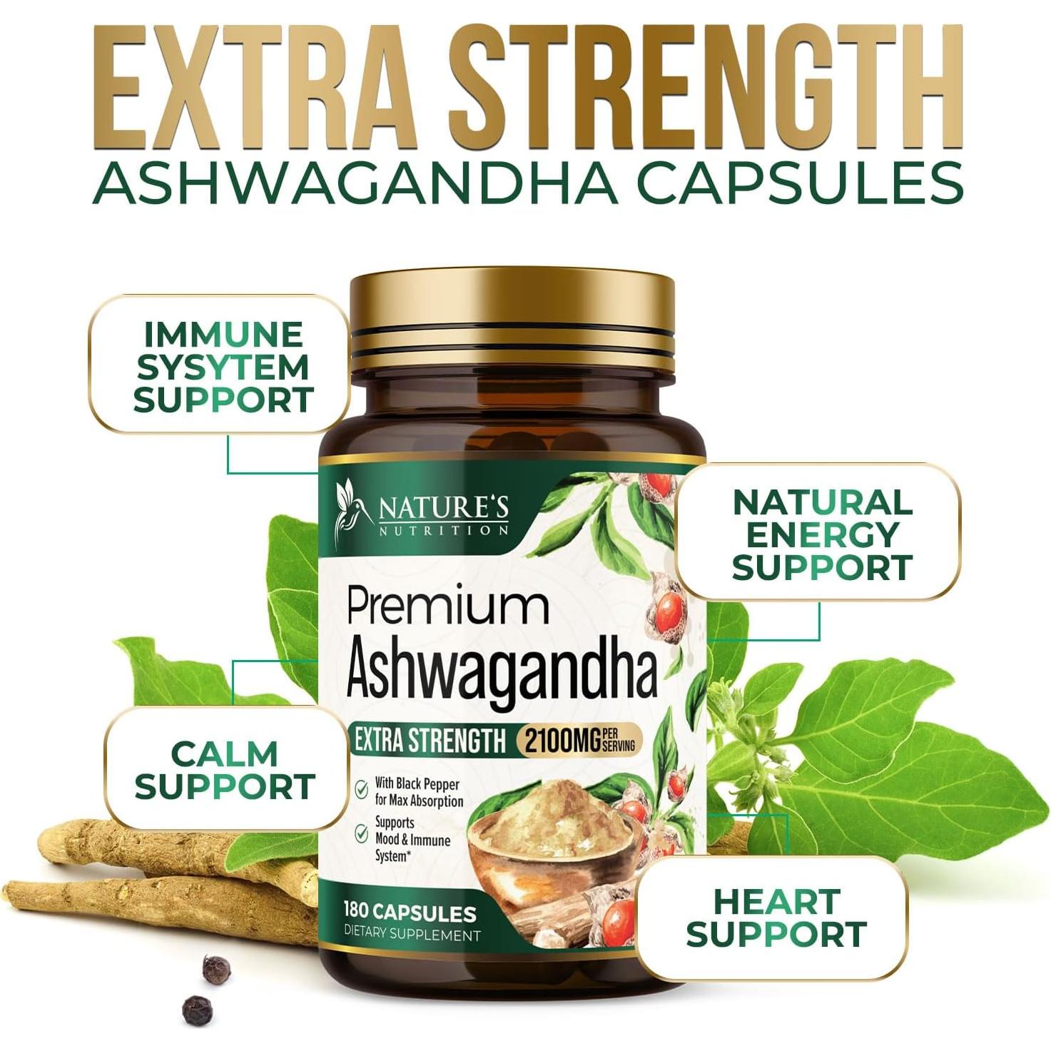 Suplemento de Ashwagandha Nature's Nutrition 2100mg 180 Cápsulas