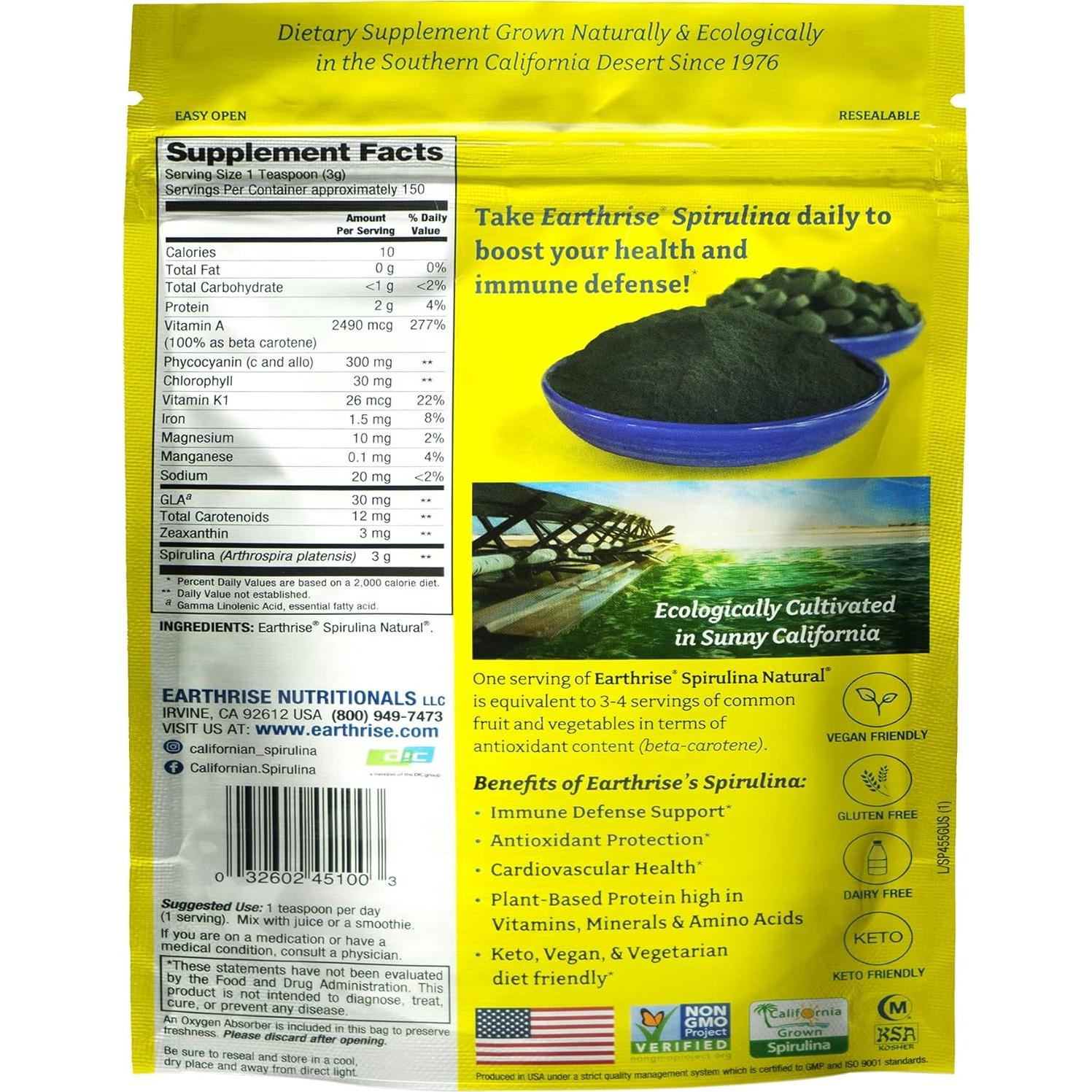 Polvo de Spirulina Natural Earthrise 454g - Vegano y Sin Gluten