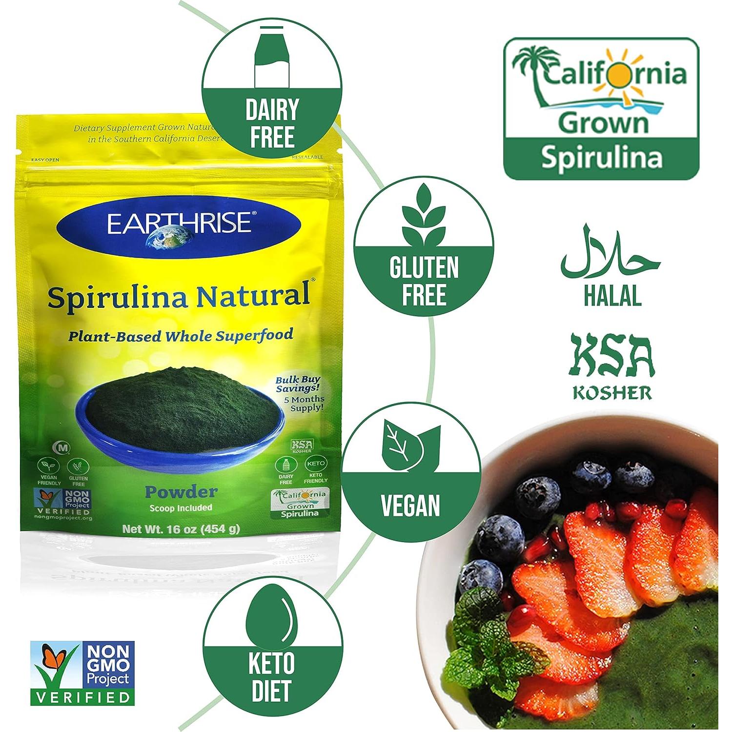 Polvo de Spirulina Natural Earthrise 454g - Vegano y Sin Gluten