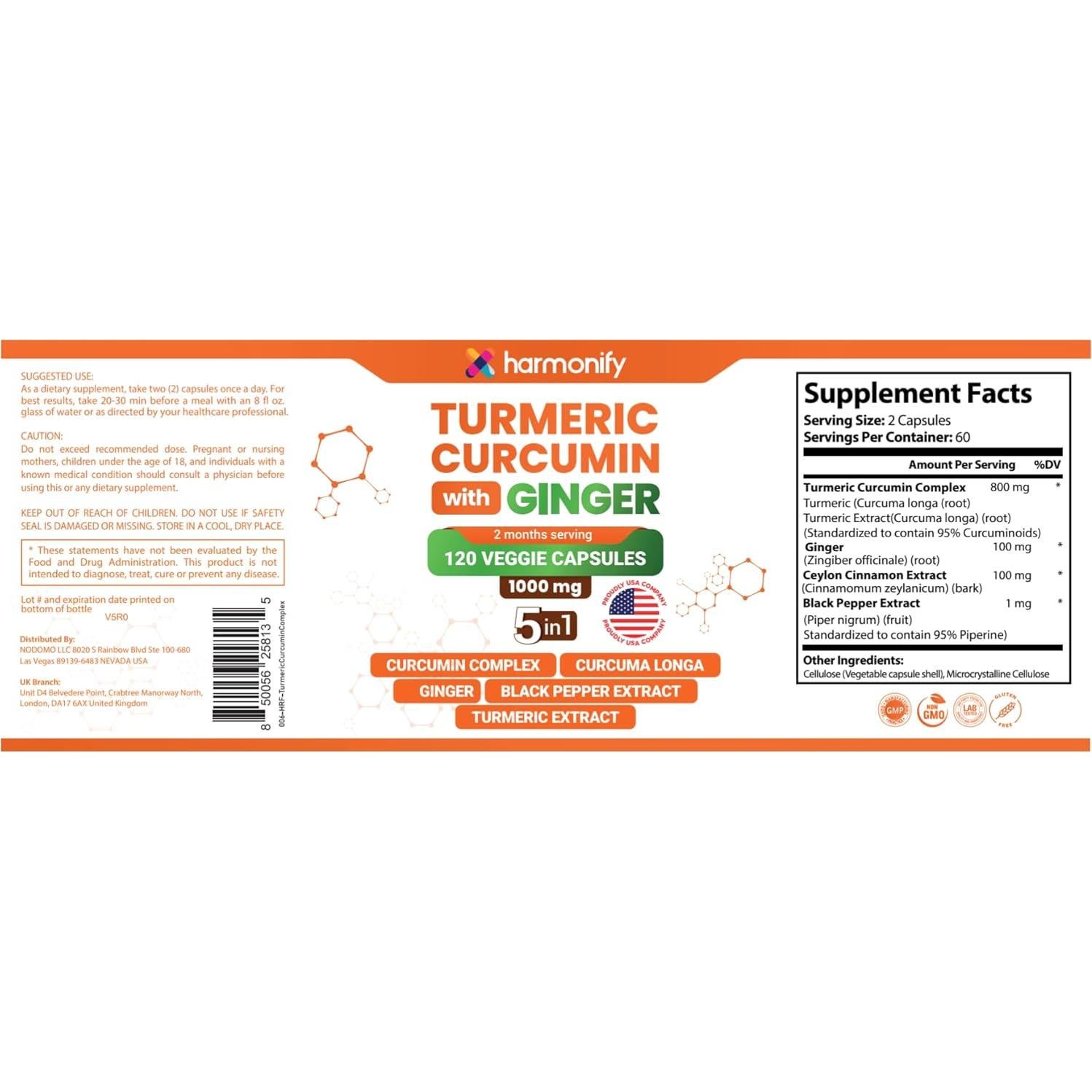 Suplemento de Cúrcuma y Jengibre Harmonify 1000 mg 120 Cápsulas