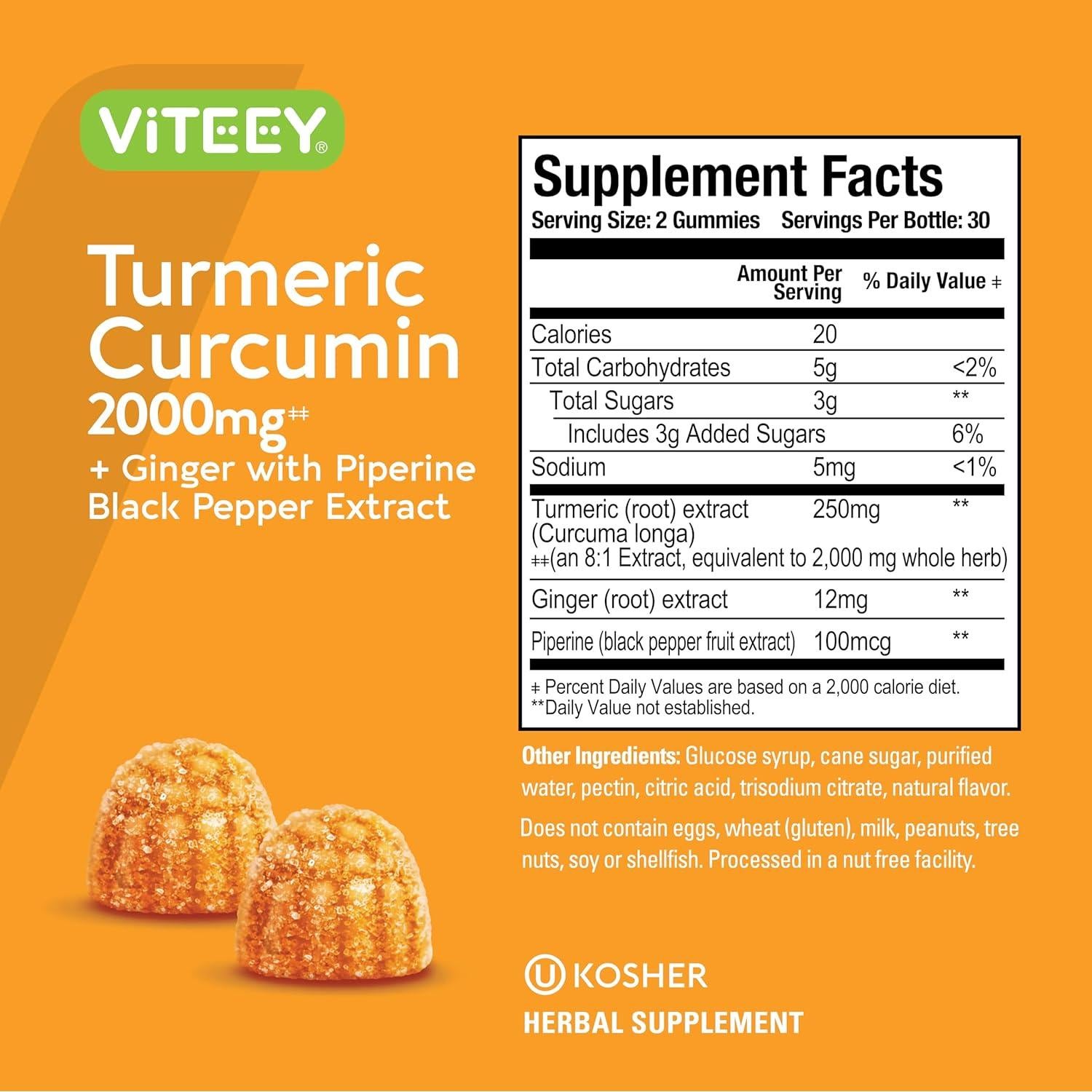 Gomitas de Cúrcuma Viteey 2000mg con Jengibre y Pimienta Negra