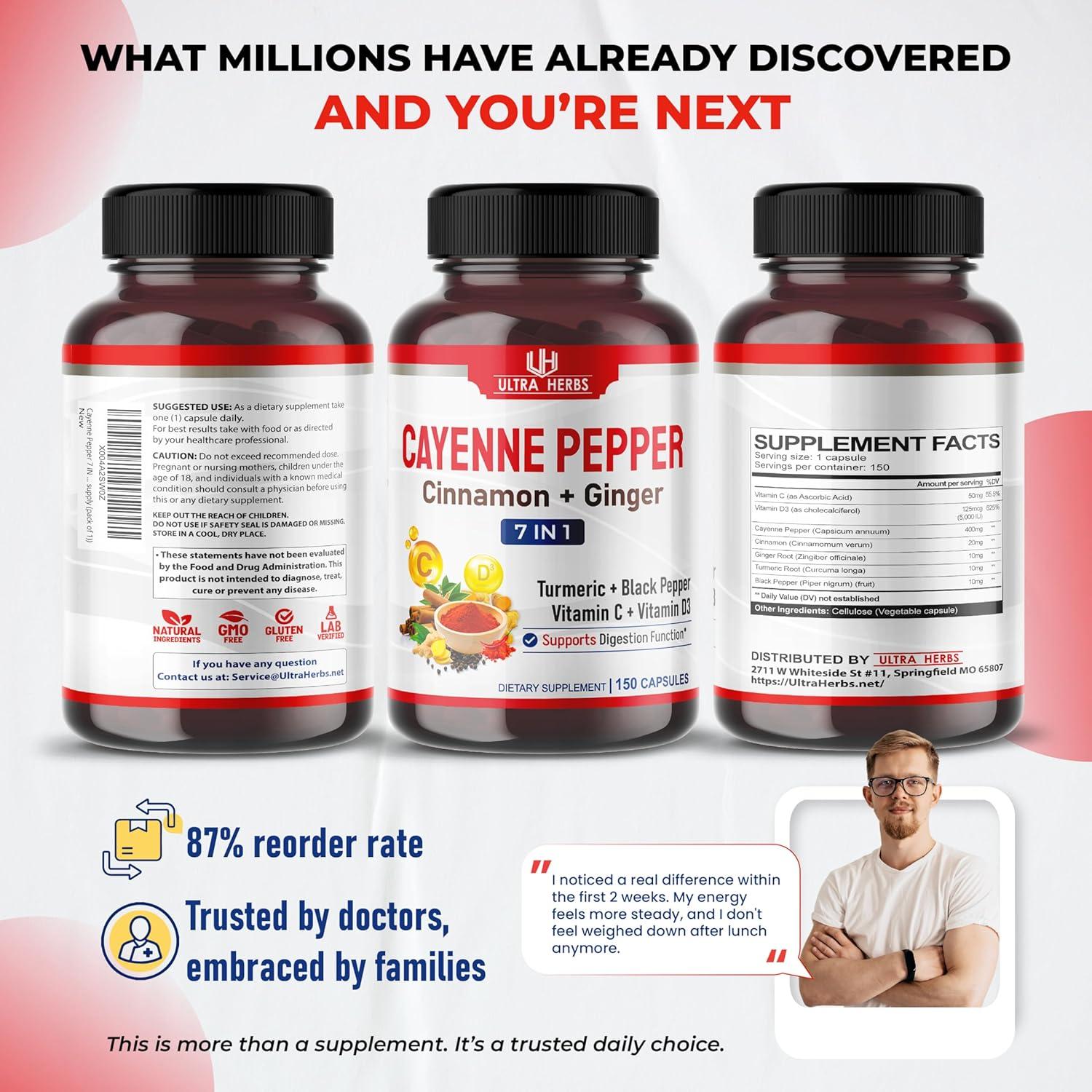 Suplemento de Pimienta de Cayena Ultra Herbs 150 Cápsulas
