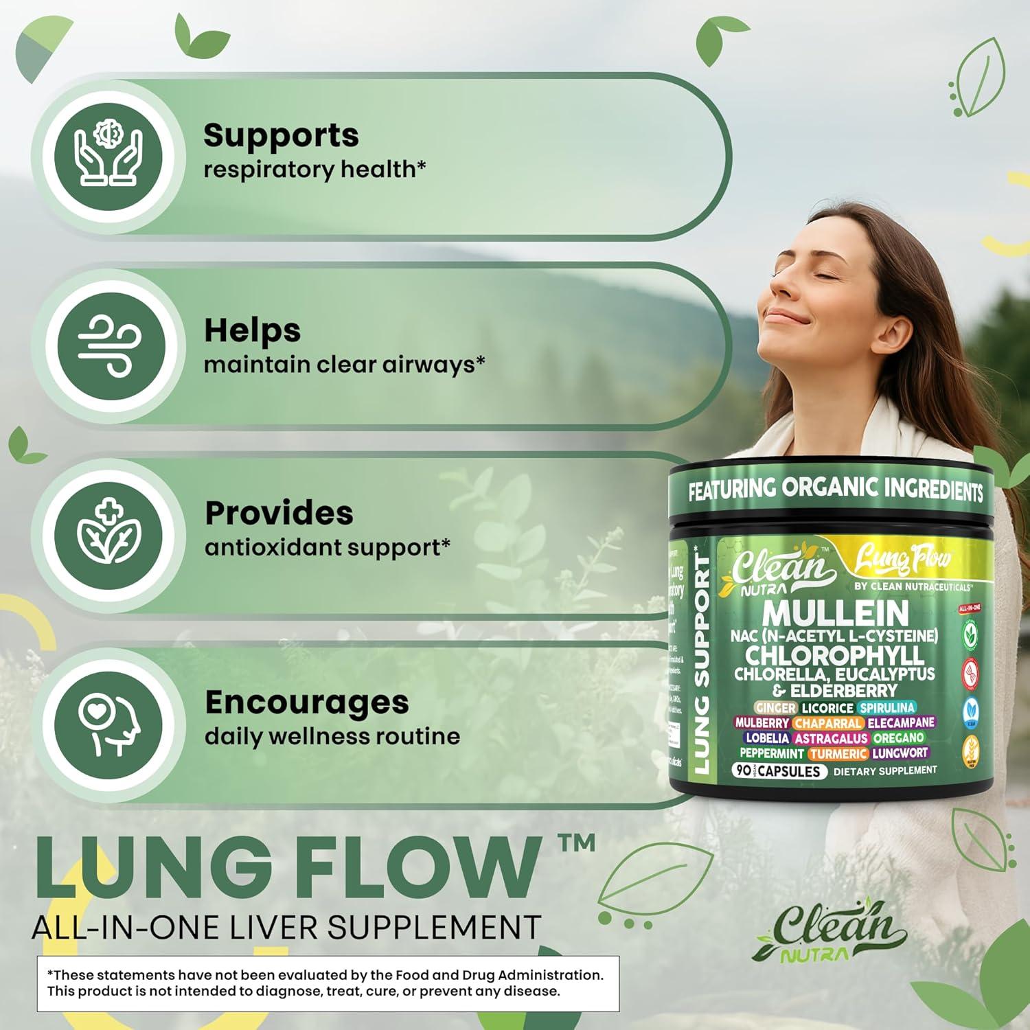 Suplemento de Mullein Clean Nutraceuticals 90 Cápsulas Detox Pulmonar