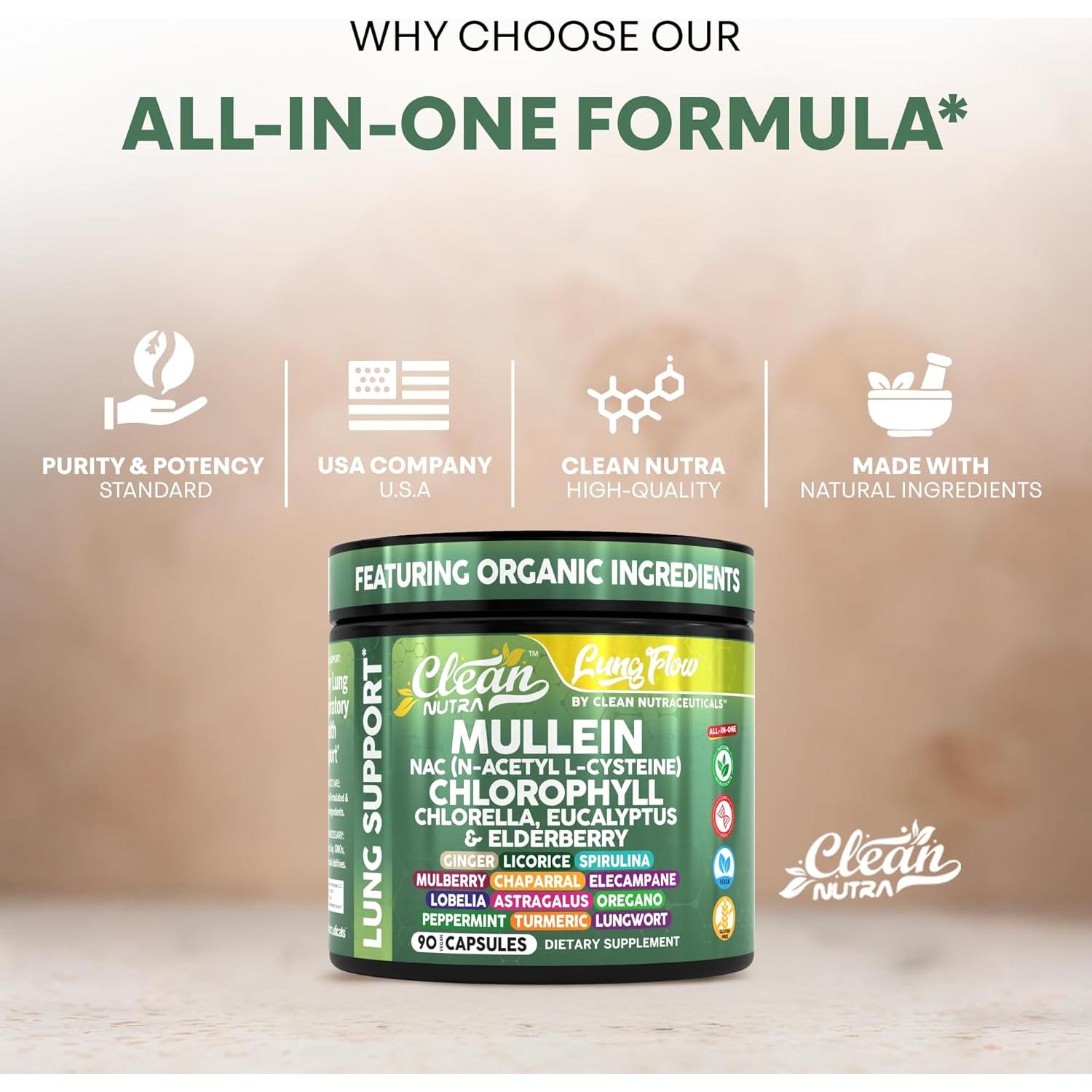 Suplemento de Mullein Clean Nutraceuticals 90 Cápsulas Detox Pulmonar