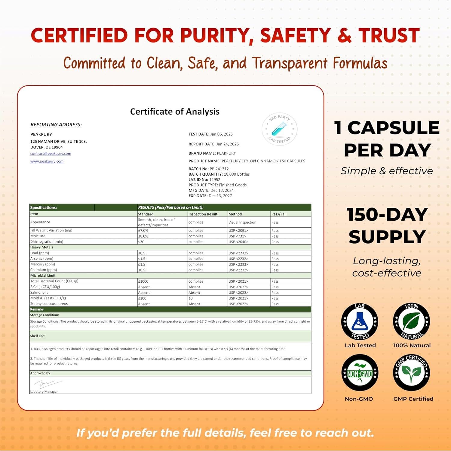 Suplemento Metabólico PeakPury Canela de Ceilán 150 Cápsulas
