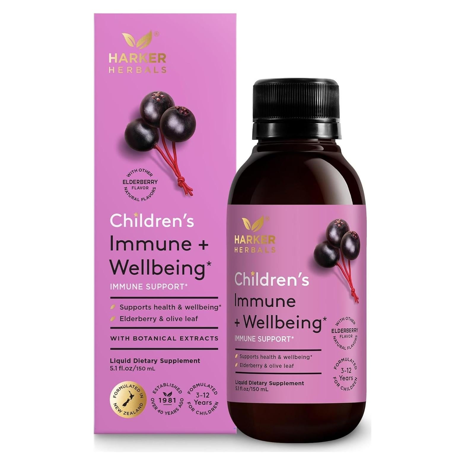 Children's Immune + Wellbeing Herbal Syrup, Daily Immunity with Elderberry, Echinacea & Olive Leaf, High Absorption, Elderberry Flavor, Plant-Based - 5.1 Fl oz (30 Servings)