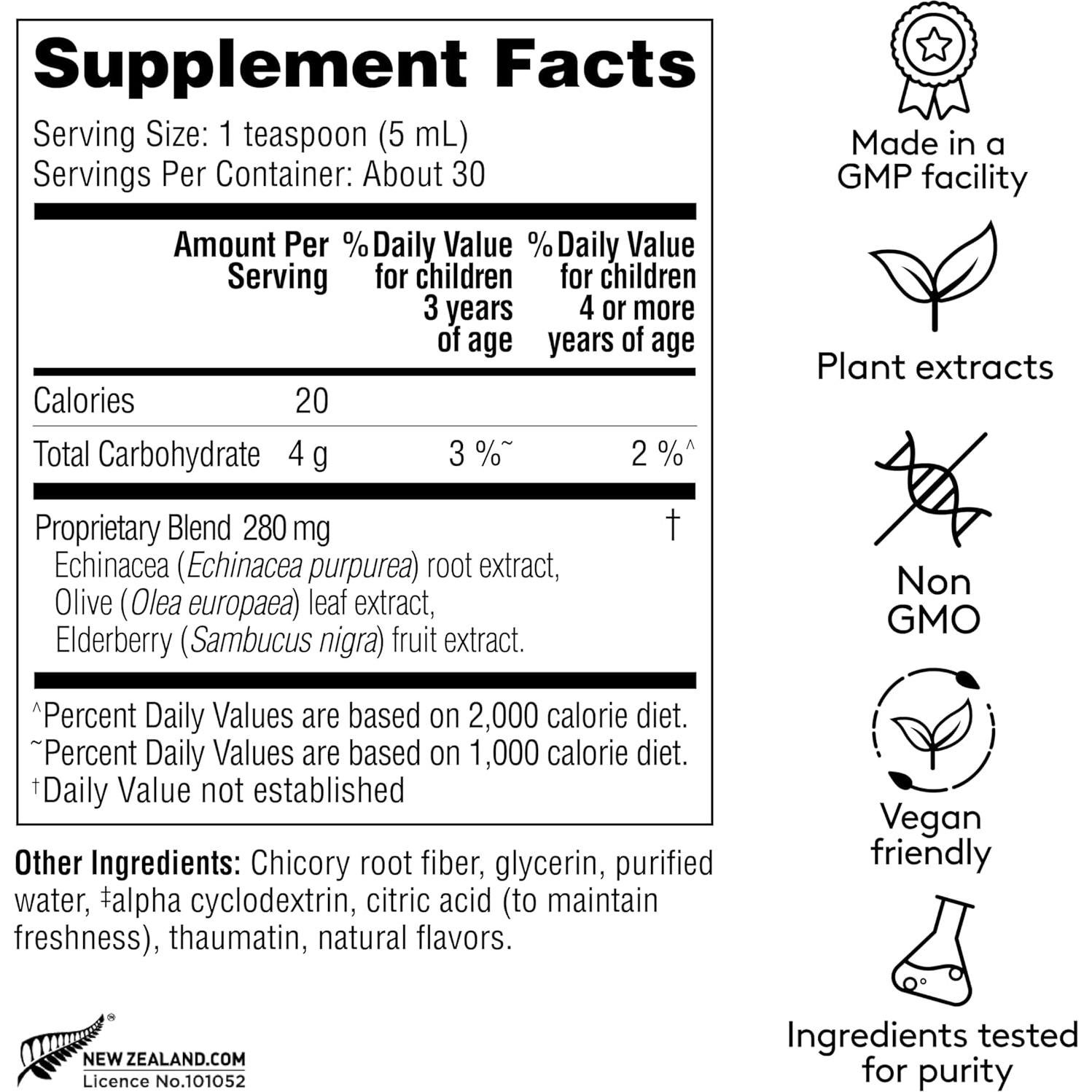 Children's Immune + Wellbeing Herbal Syrup, Daily Immunity with Elderberry, Echinacea & Olive Leaf, High Absorption, Elderberry Flavor, Plant-Based - 5.1 Fl oz (30 Servings)