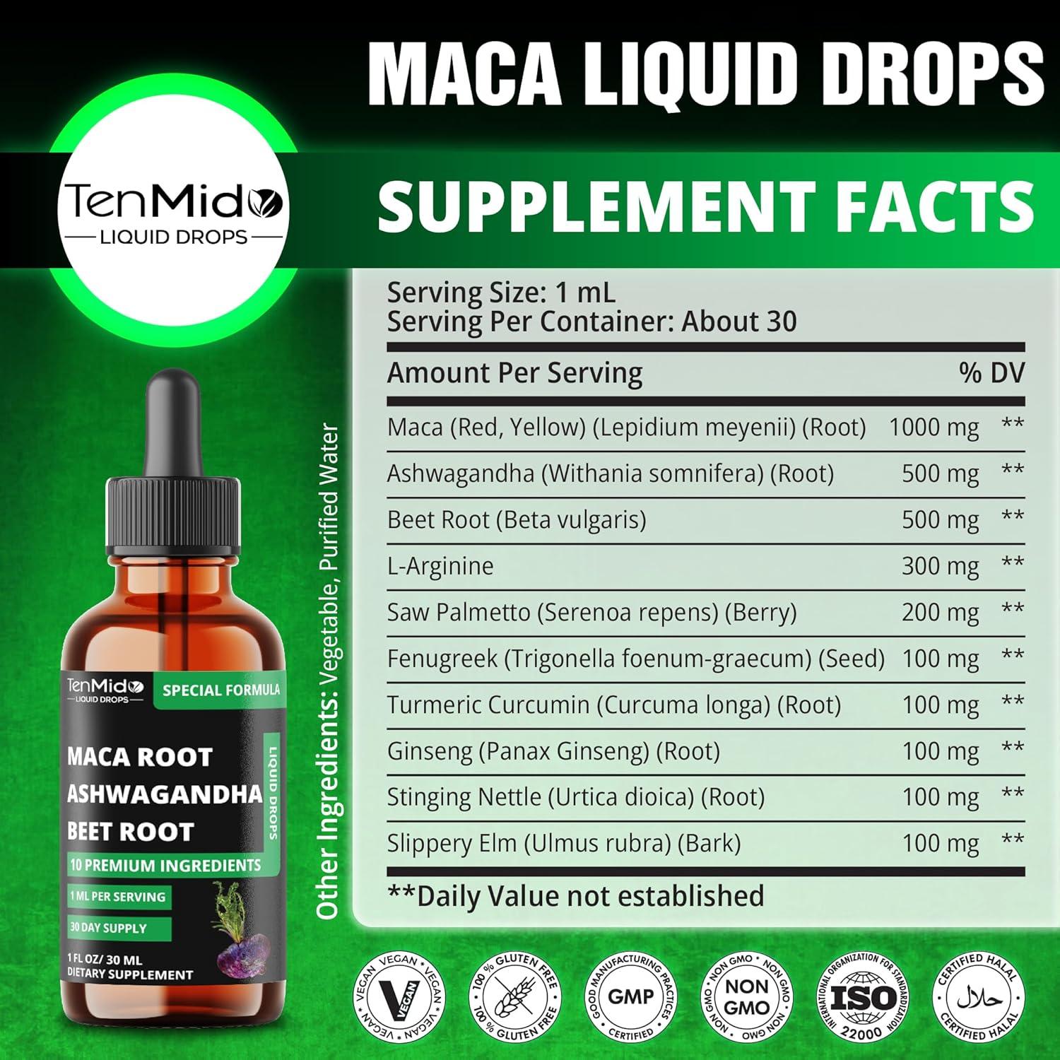 Gotas Líquidas de Maca 10en1 Tenmido - 30ml Suplemento Natural