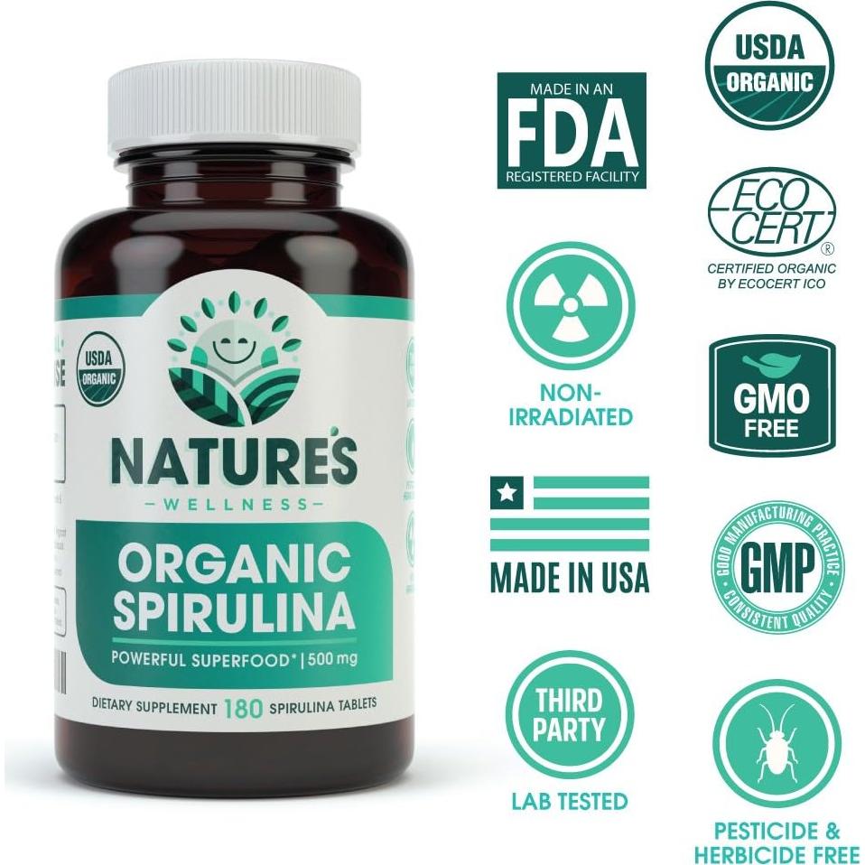 Tabletas de Spirulina Orgánica Nature's Wellness 3000mg 180 Unidades