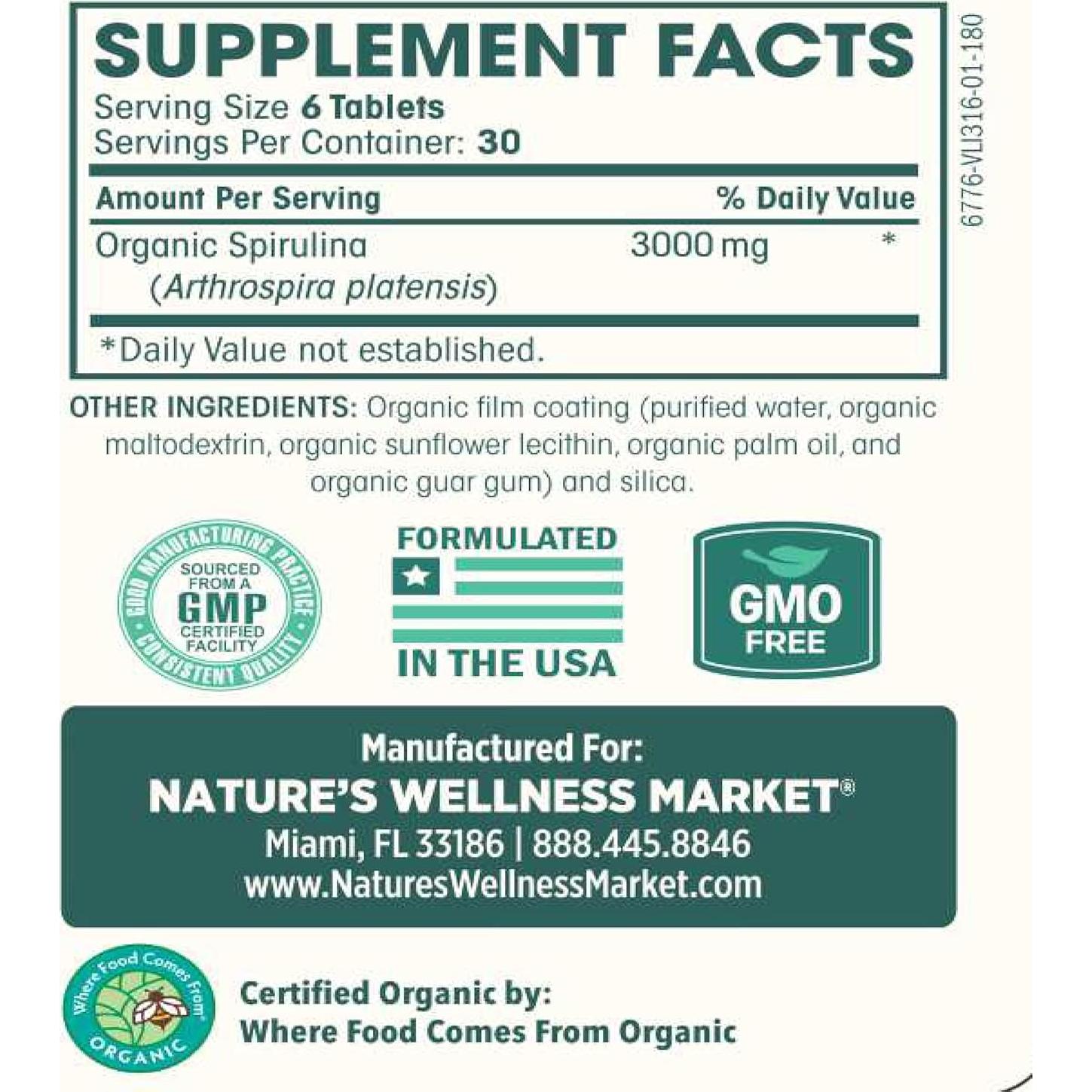 Tabletas de Spirulina Orgánica Nature's Wellness 3000mg 180 Unidades