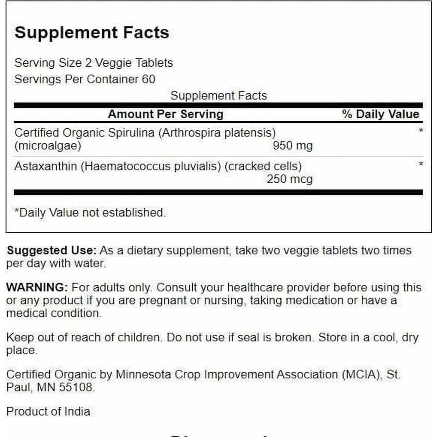 Suplemento Vegano Swanson Spirulina y Astaxantina 120 Tabletas