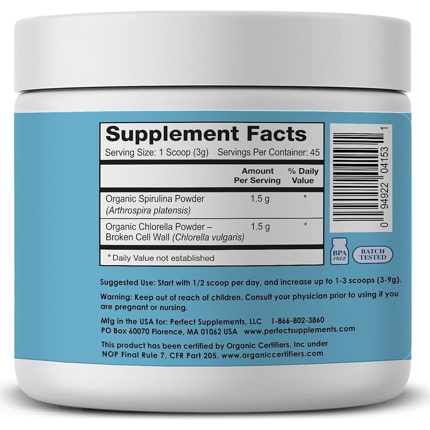 Suplemento de Espirulina Orgánica Perfect Supplements 134g - Vegano y Natural