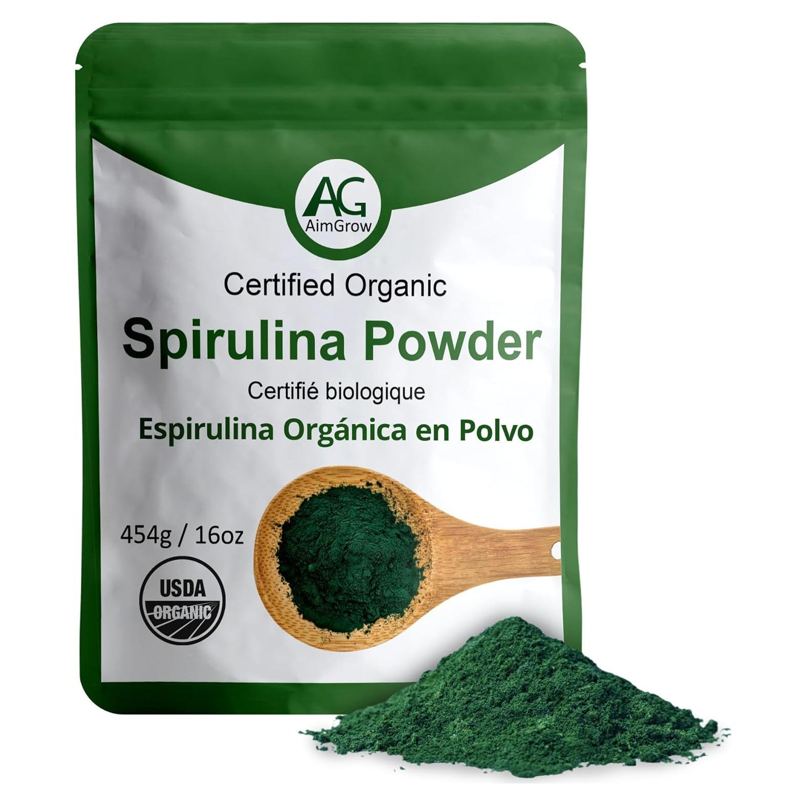 Polvo de Espirulina Orgánica AimGrow 454g - Vegano y Sin Gluten