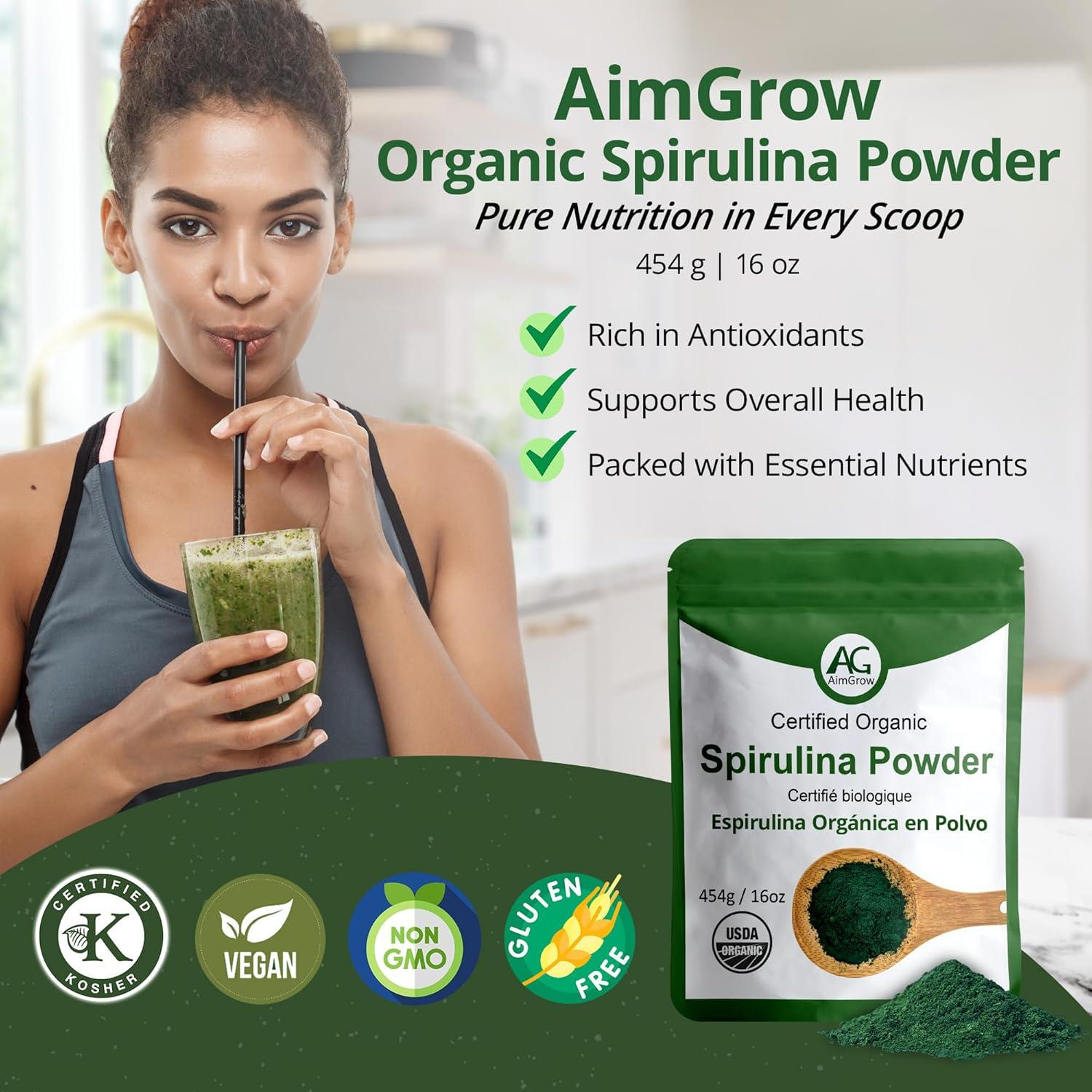 Polvo de Espirulina Orgánica AimGrow 454g - Vegano y Sin Gluten