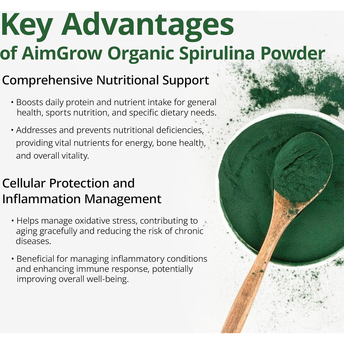 Polvo de Espirulina Orgánica AimGrow 454g - Vegano y Sin Gluten