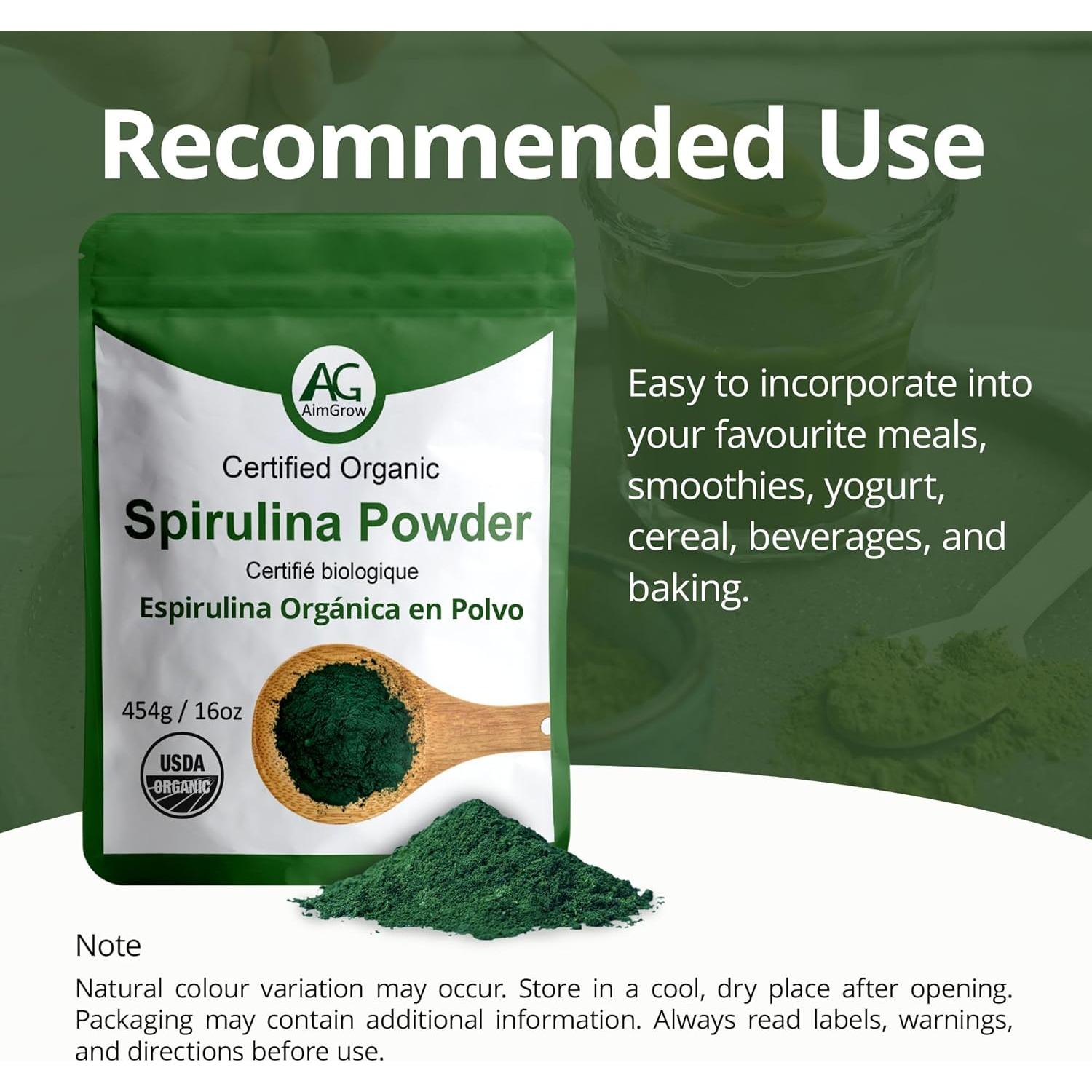 Polvo de Espirulina Orgánica AimGrow 454g - Vegano y Sin Gluten