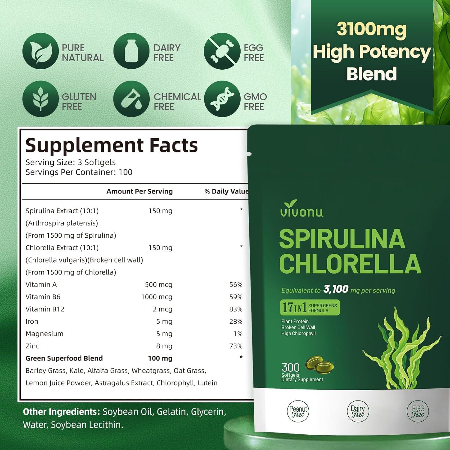 Cápsulas de Espirulina y Clorella VivoNu 3100mg - 300 Unidades