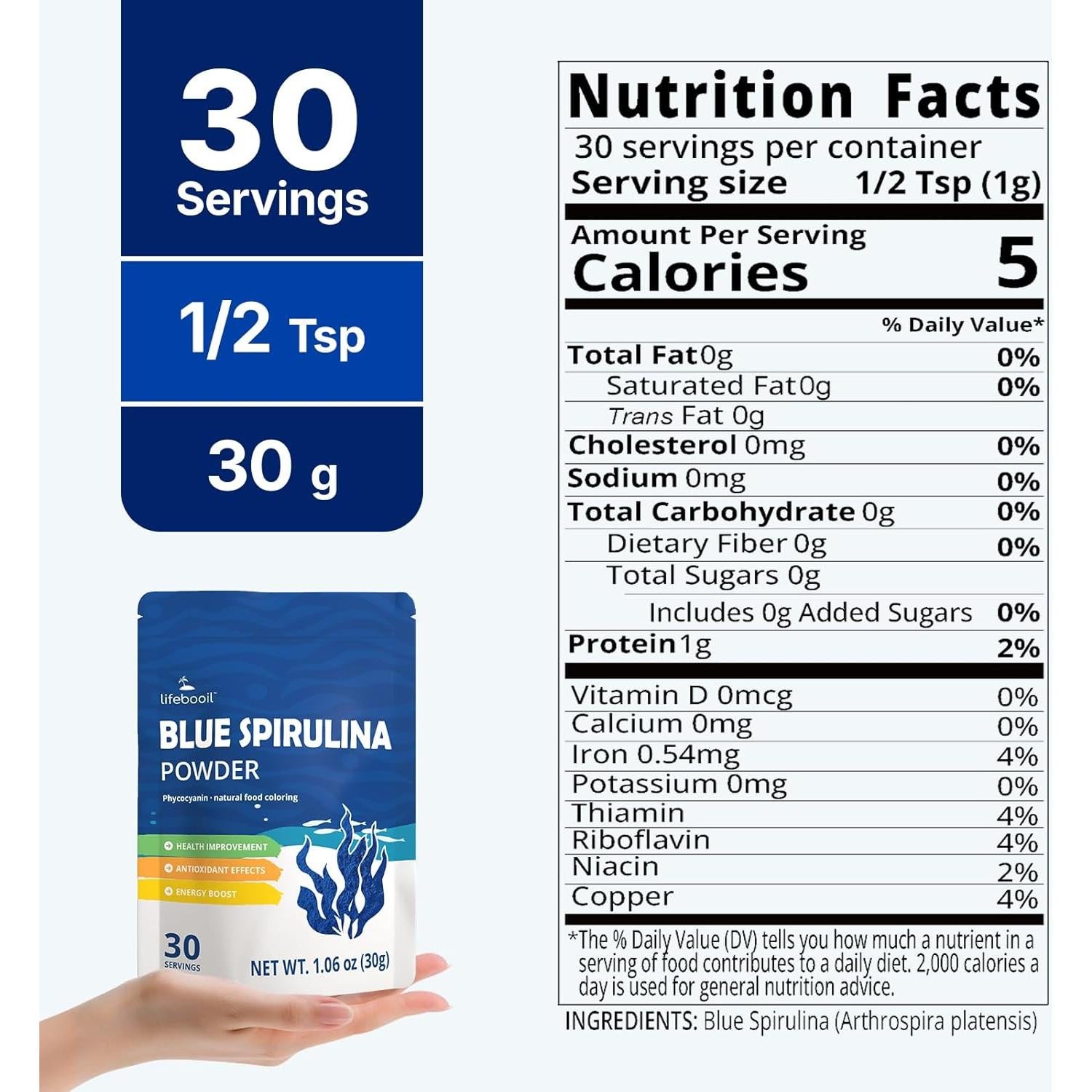 Polvo de Espirulina Azul 100% Pura Lifebooil 30g Vegano