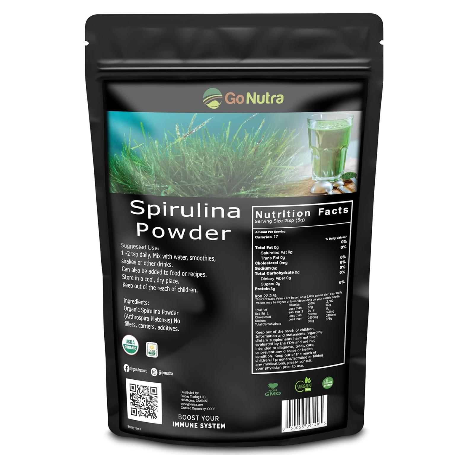 Polvo de Espirulina Orgánica Go Nutra 0.45 kg - Superalimento Vegano