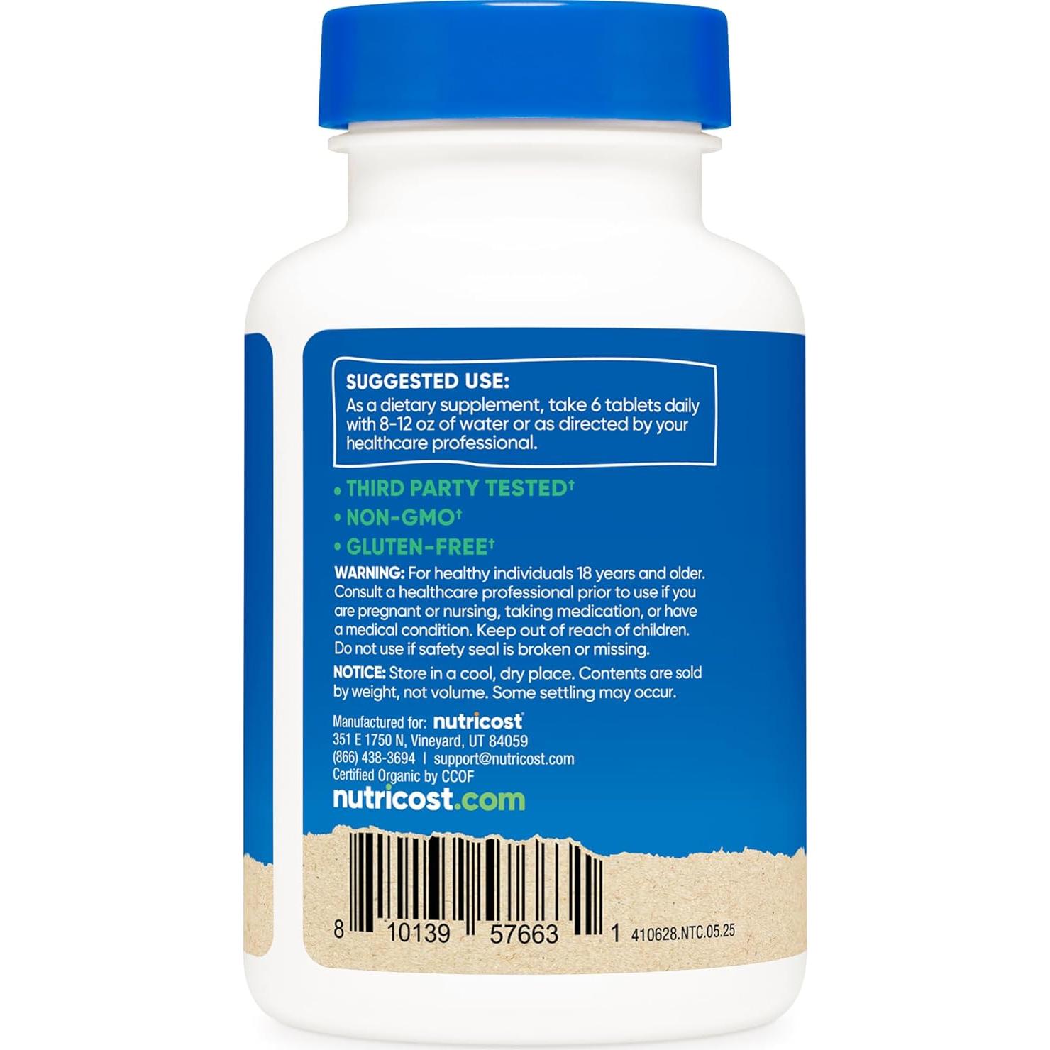 Nutricost Espirulina Orgánica y Clorela 3000mg 180 Tabletas