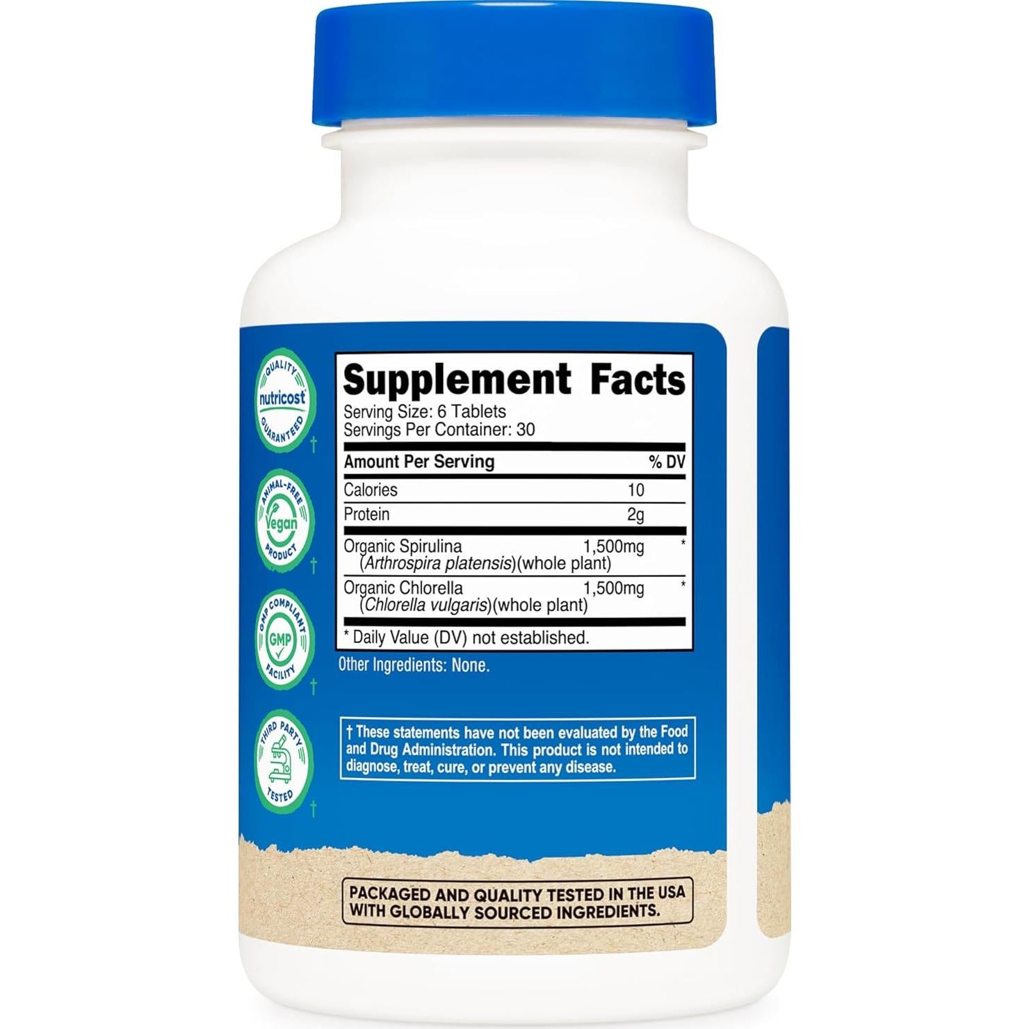 Nutricost Espirulina Orgánica y Clorela 3000mg 180 Tabletas