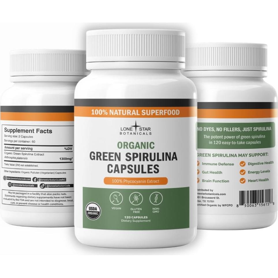 Cápsulas de Espirulina Verde Orgánica Lone Star - 120 Unidades
