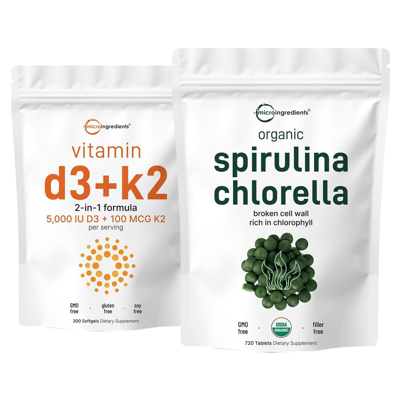 Tabletas de Chlorella y Spirulina Orgánica 3000mg + D3 K2