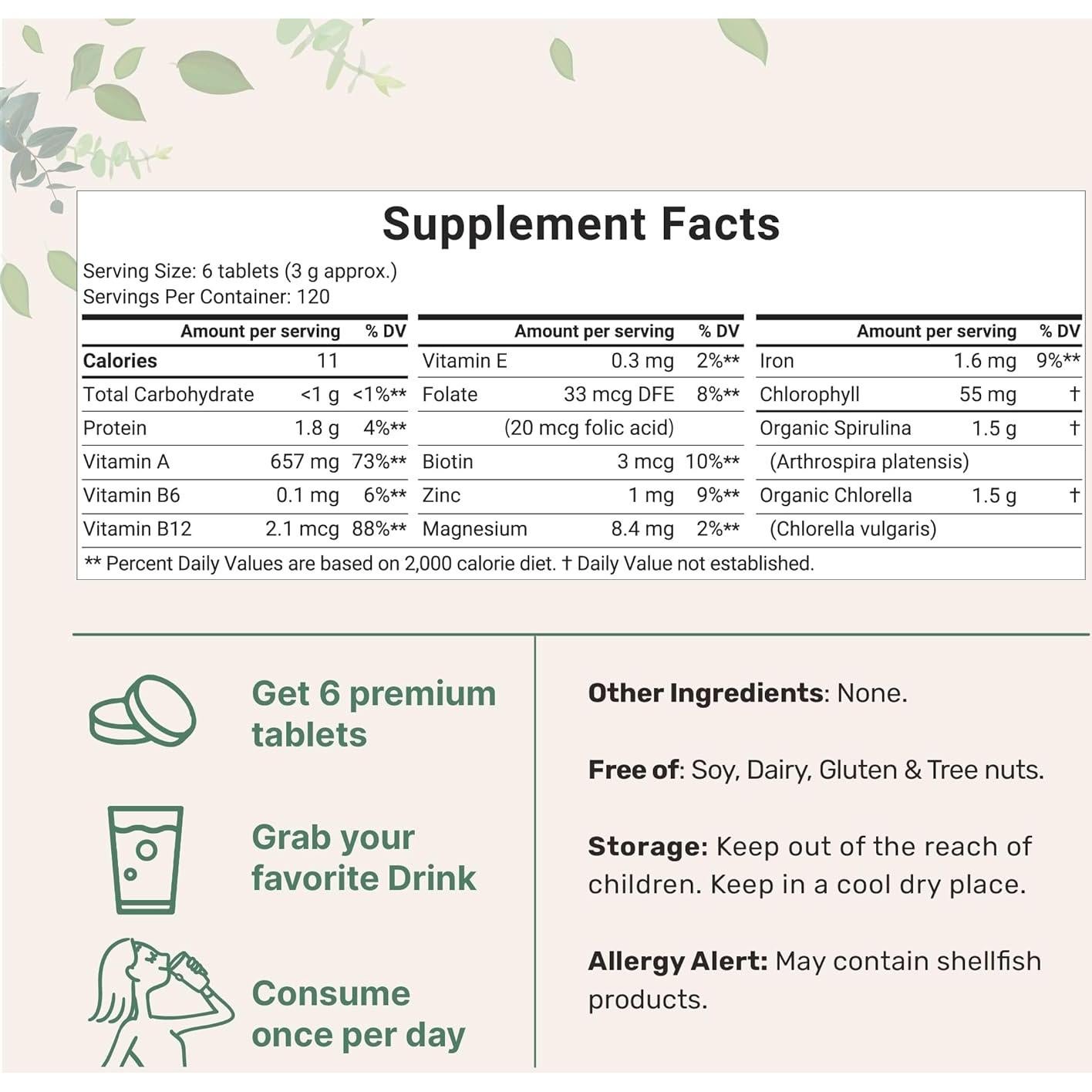 Tabletas de Chlorella y Spirulina Orgánica 3000mg + D3 K2