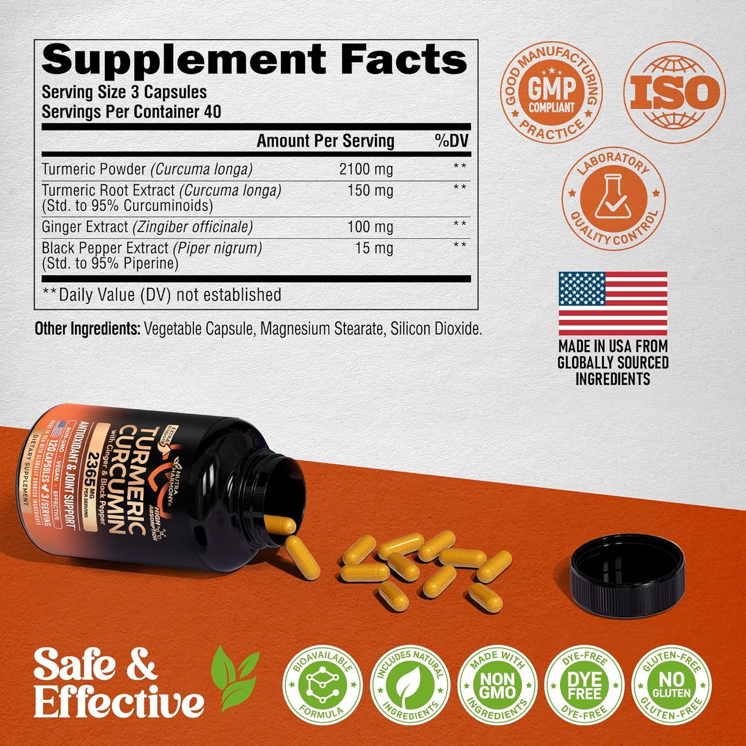 Suplemento de Cúrcuma y Curcumina 2365 mg Nutra Harmony - 120 Cápsulas