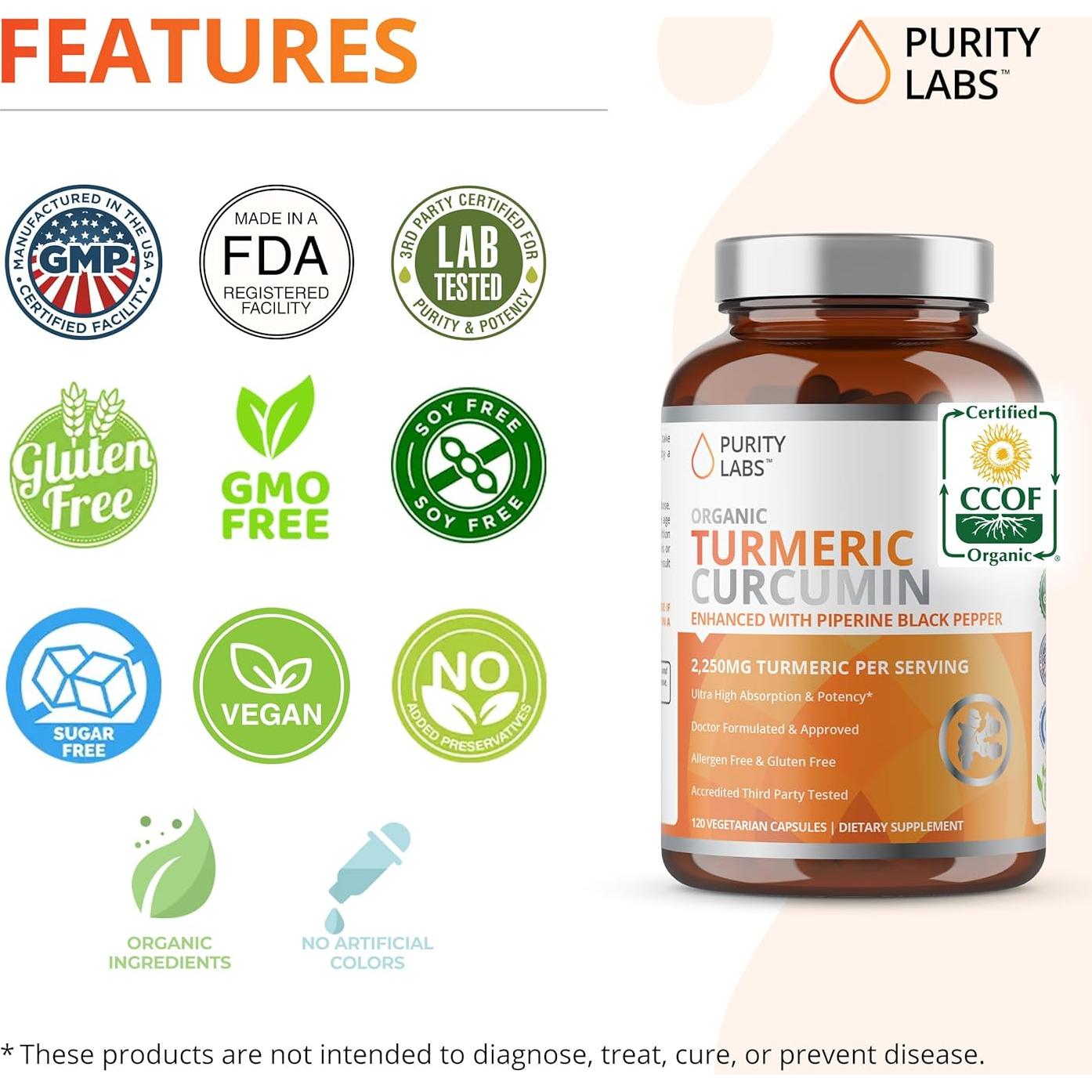 Cápsulas de Cúrcuma Orgánica Purity Labs 2250mg 120 Unidades