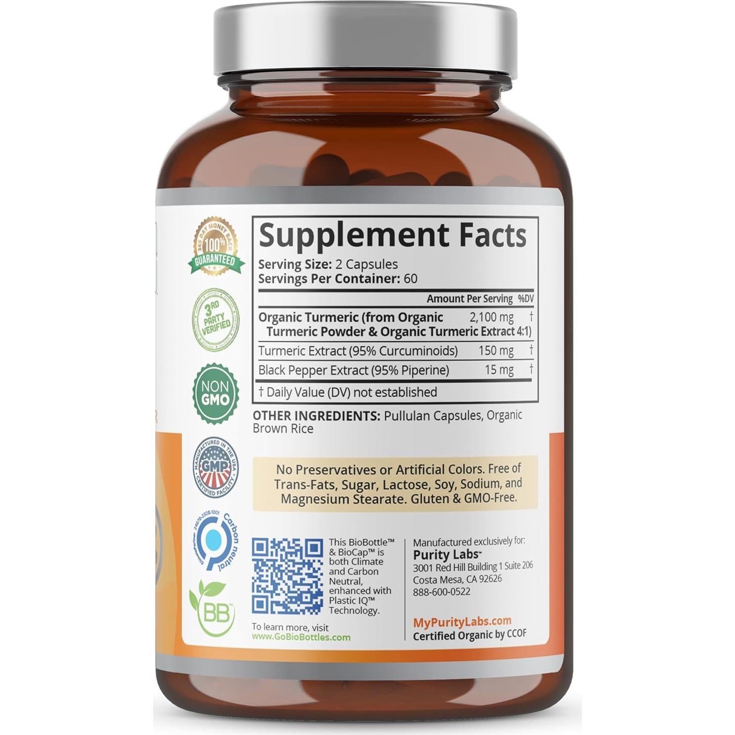 Cápsulas de Cúrcuma Orgánica Purity Labs 2250mg 120 Unidades