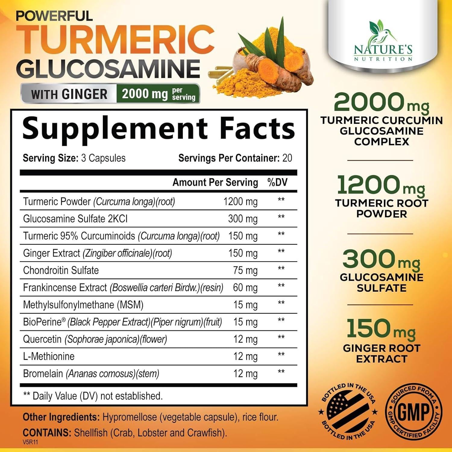 Suplemento de Cúrcuma Curcumina 2000mg con Glucosamina - 60 Cápsulas