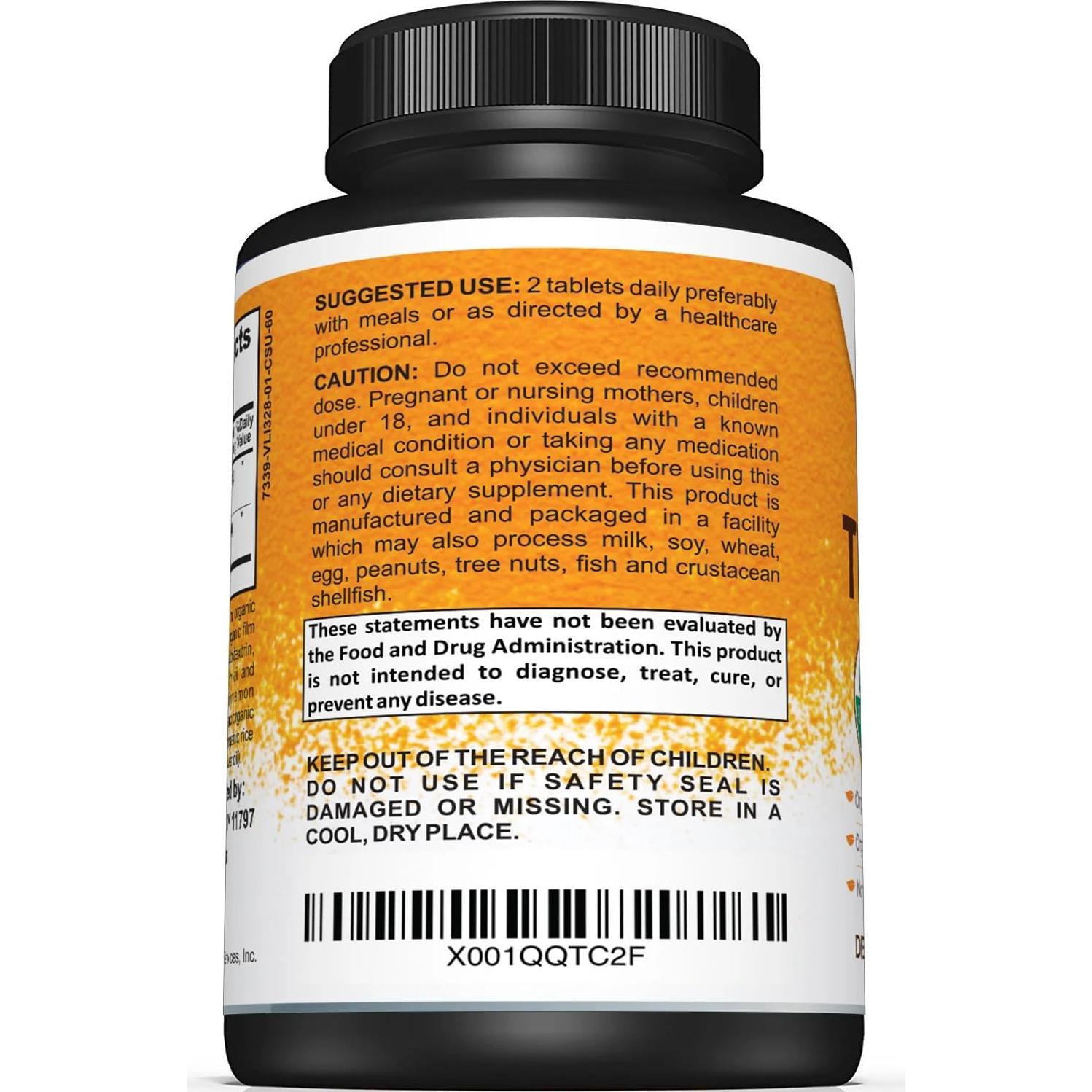 Suplemento de Cúrcuma Orgánica Sunergetic 1400mg 60 Tabletas