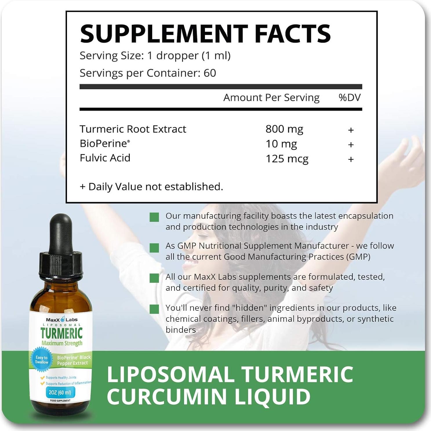 Suplemento Líquido de Cúrcuma MaxX Labs 800mg con Bioperina 59ml