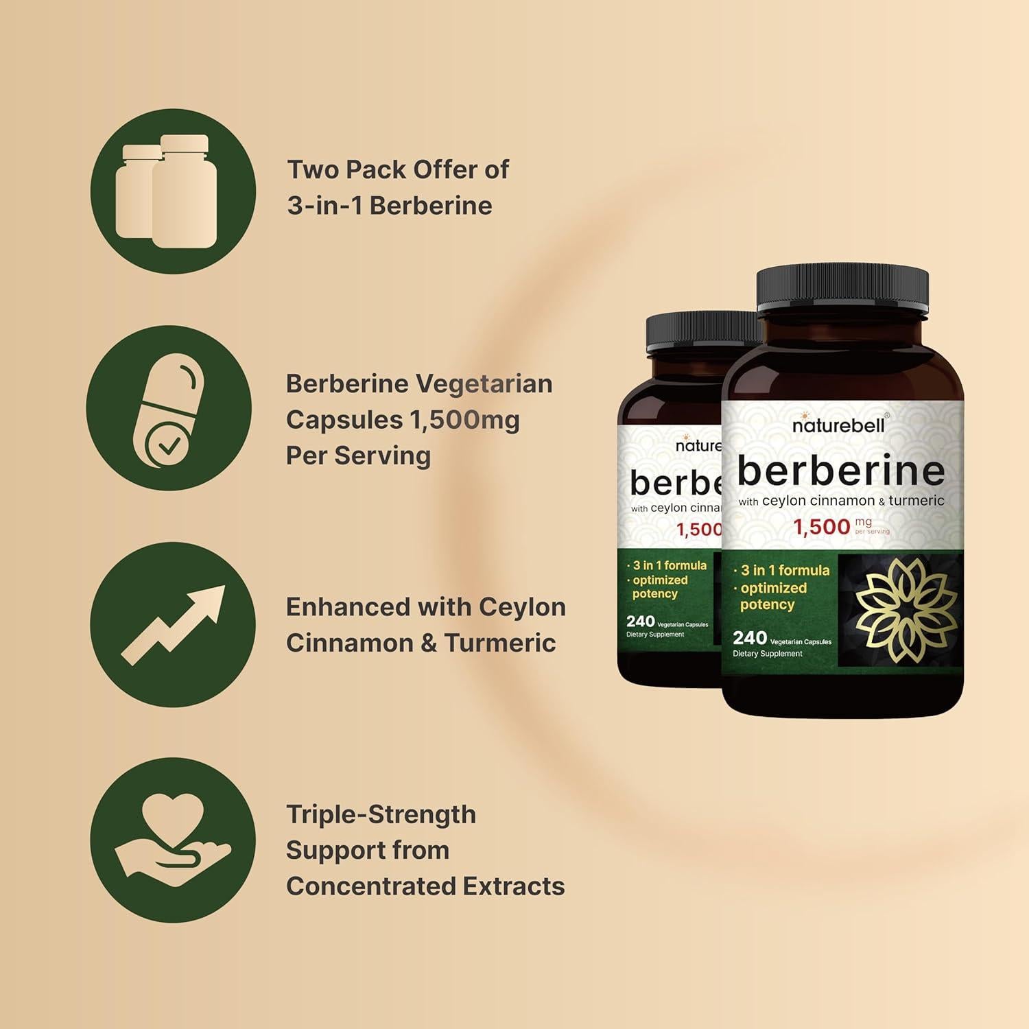 Suplemento Vegano de Berberina 1500mg + Canela 1000mg + Cúrcuma 300mg - 480 Cápsulas