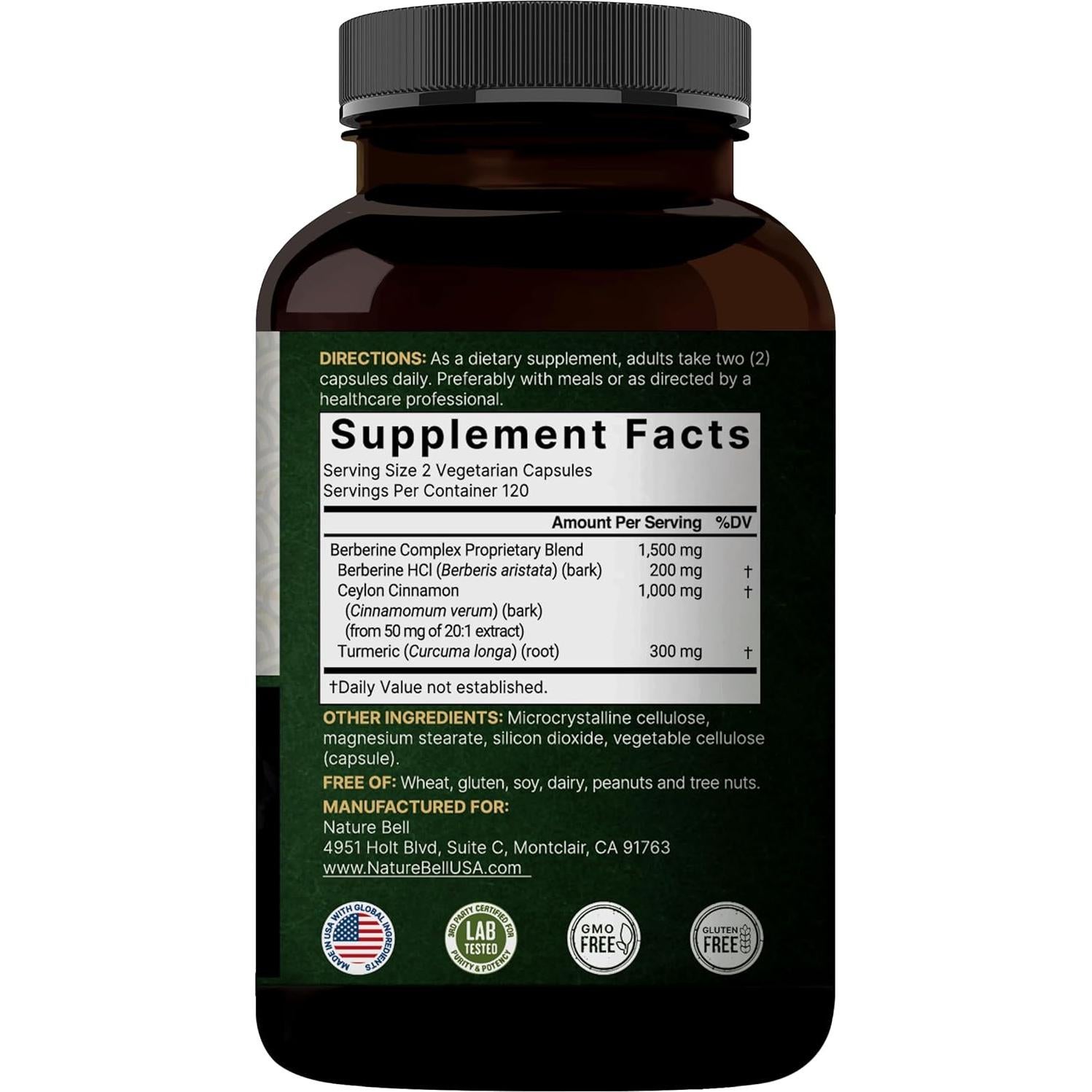 Suplemento Vegano de Berberina 1500mg + Canela 1000mg + Cúrcuma 300mg - 480 Cápsulas