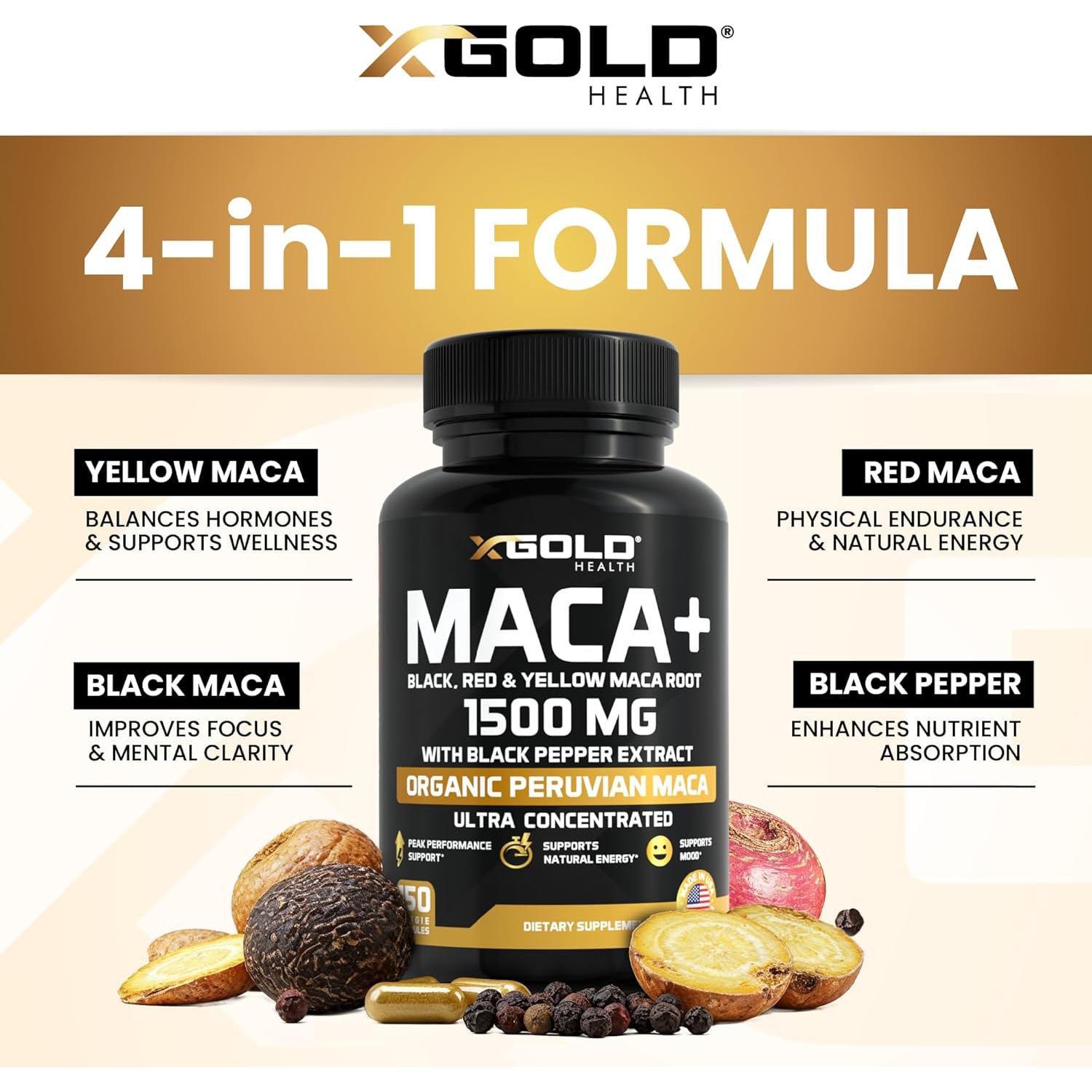 Cápsulas de Maca Orgánica X Gold Health 1500mg con Pimienta Negra