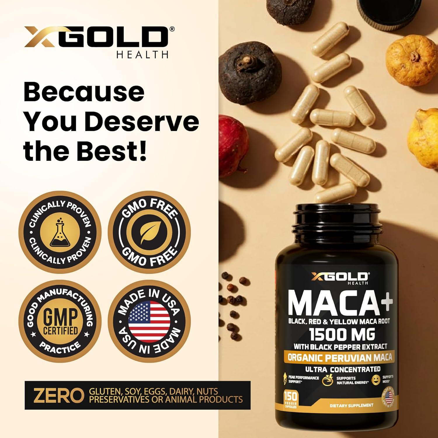 Cápsulas de Maca Orgánica X Gold Health 1500mg con Pimienta Negra