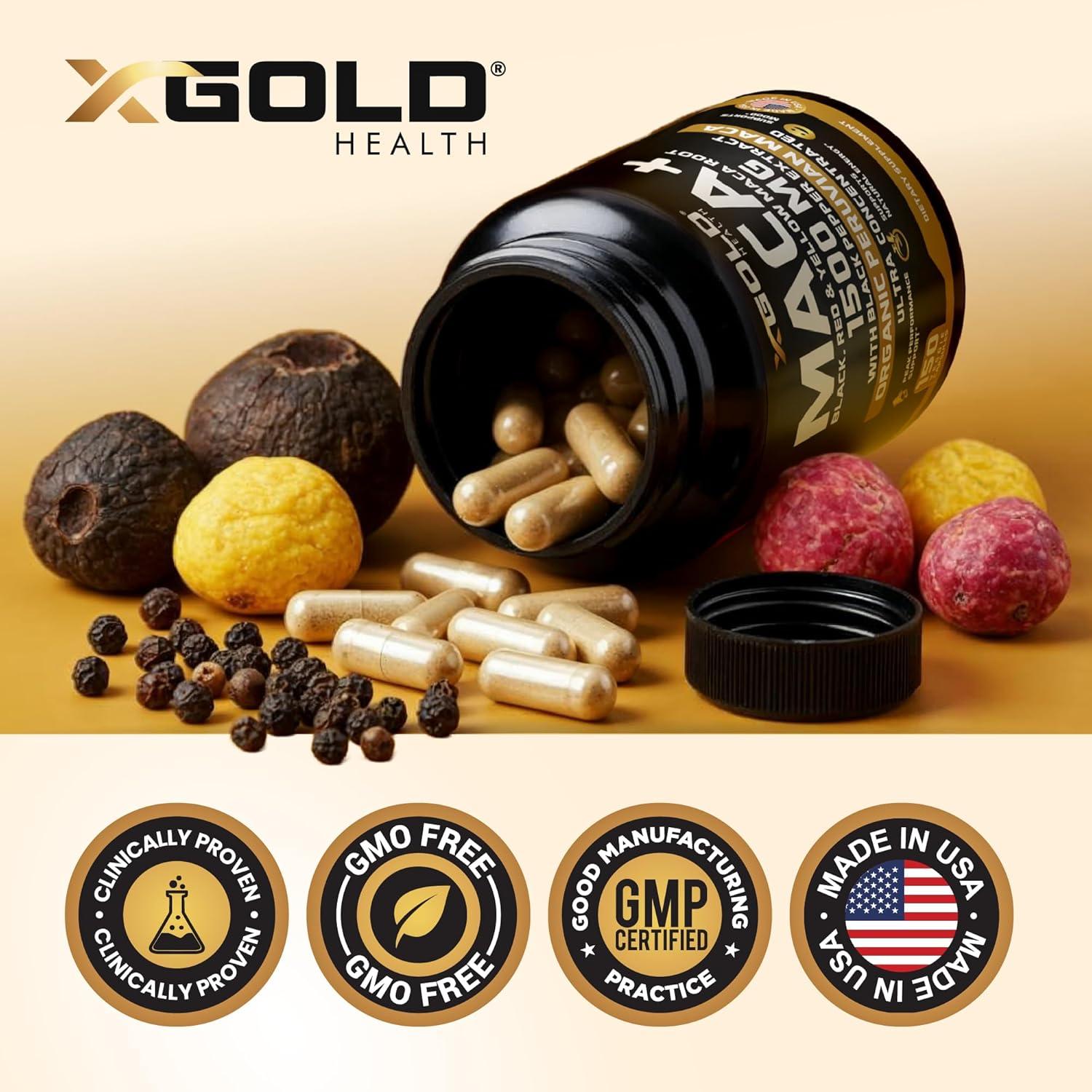 Cápsulas de Maca Orgánica X Gold Health 1500mg con Pimienta Negra