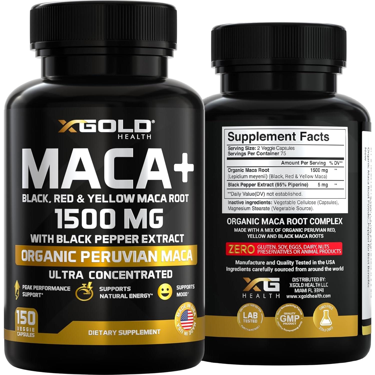 Cápsulas de Maca Orgánica X Gold Health 1500mg con Pimienta Negra