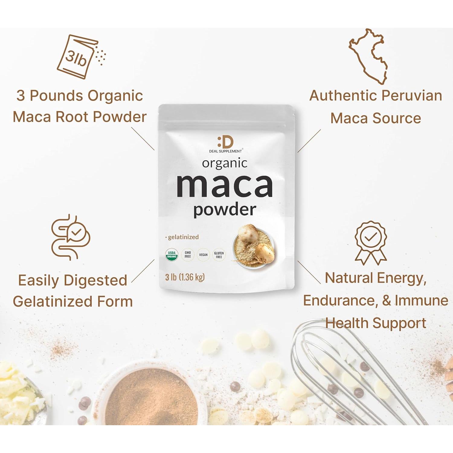 Polvo de raíz de maca peruana orgánica 1.36 kg - Suplemento digestible