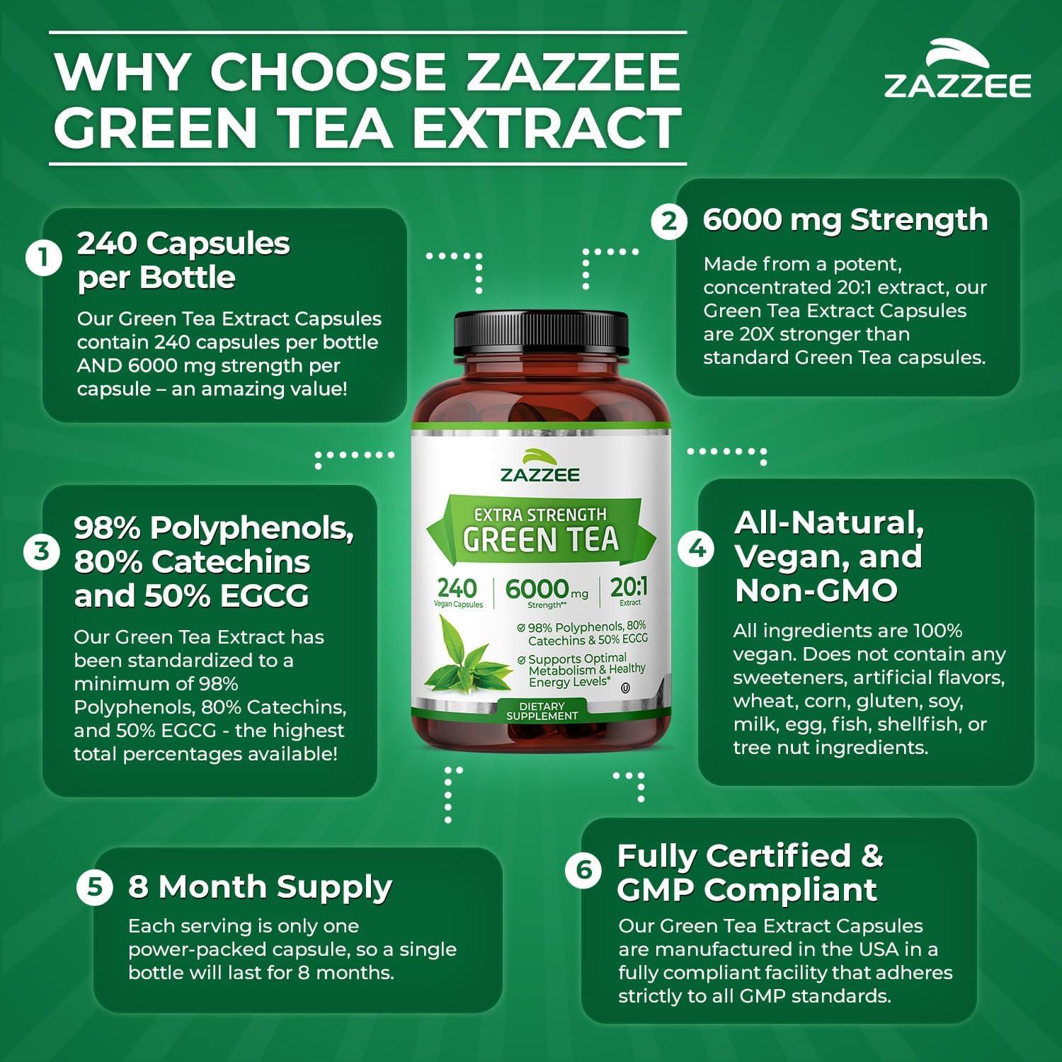 Zazzee Extracto de Té Verde 6000 mg 240 Cápsulas Veganas