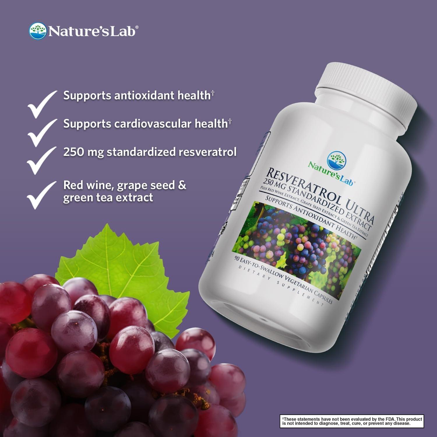 Resveratrol Ultra Nature's Lab 250mg - Antioxidante Vegano 90 Cápsulas